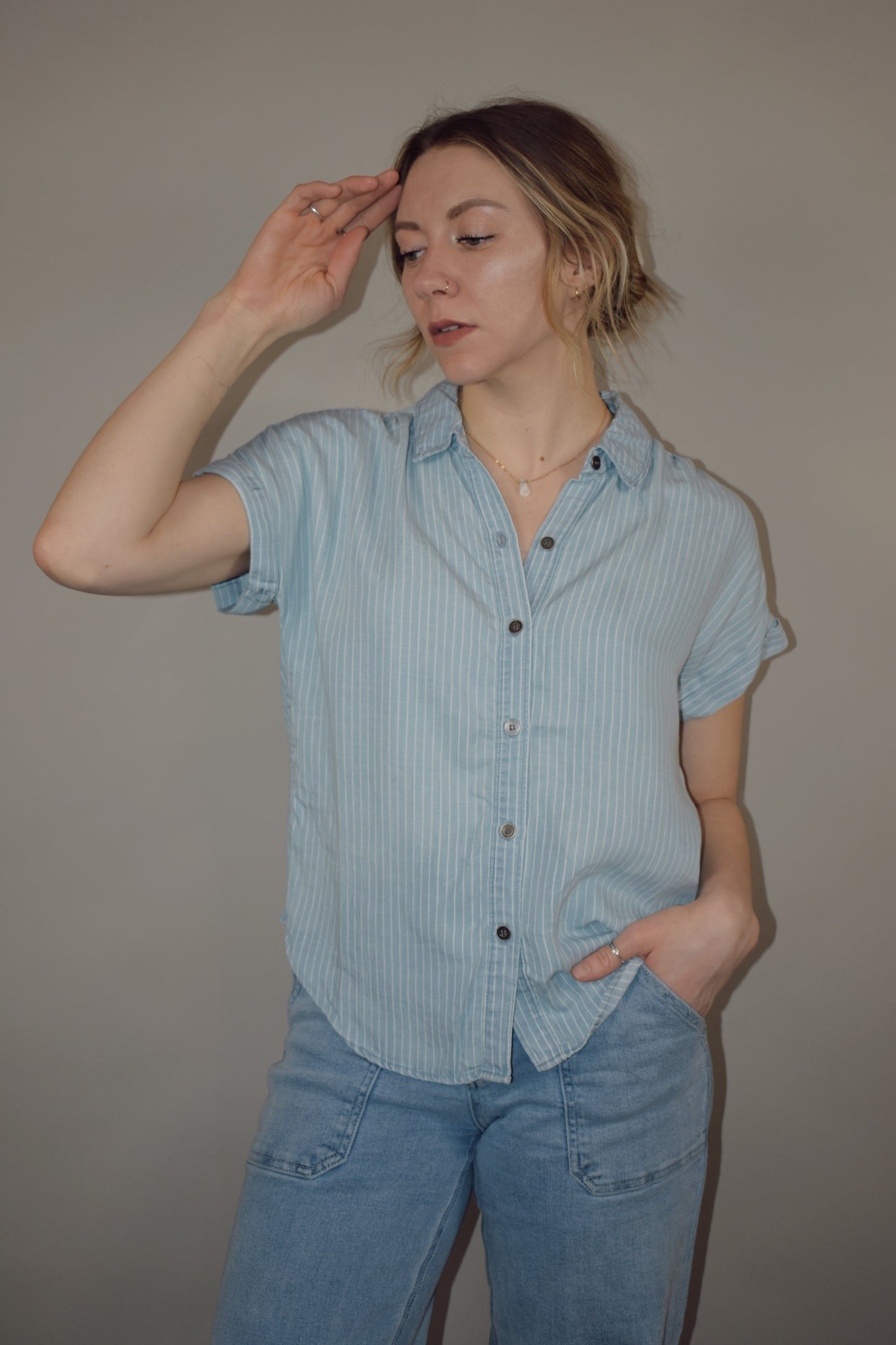 vertical pin striped chambray button down light blue and white stripes short cuffed sleeves full length straight fit super soft