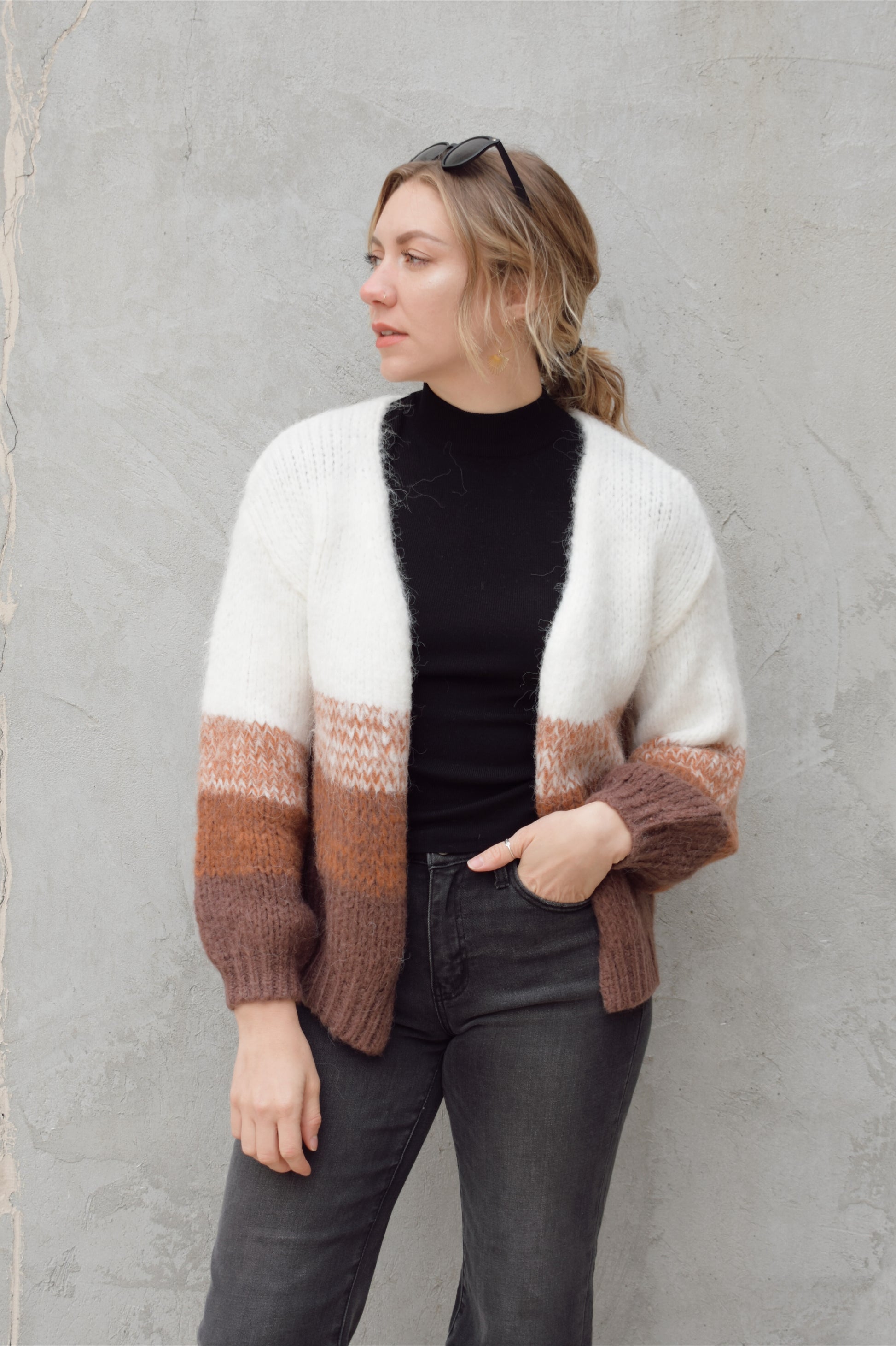 cozy relaxed fit cardigan with bottom half color blocked with earthy tones, white on top drop shoulder ribbed hem full length