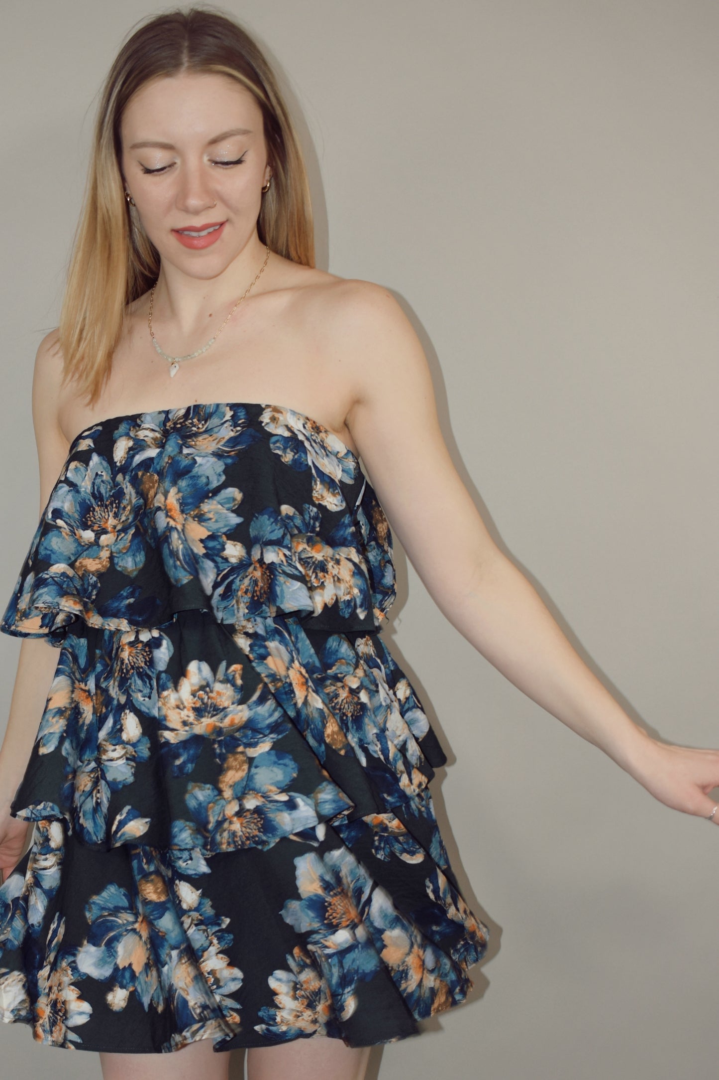 shades of blue floral printed mini tiered strapless dress summery wedding guest