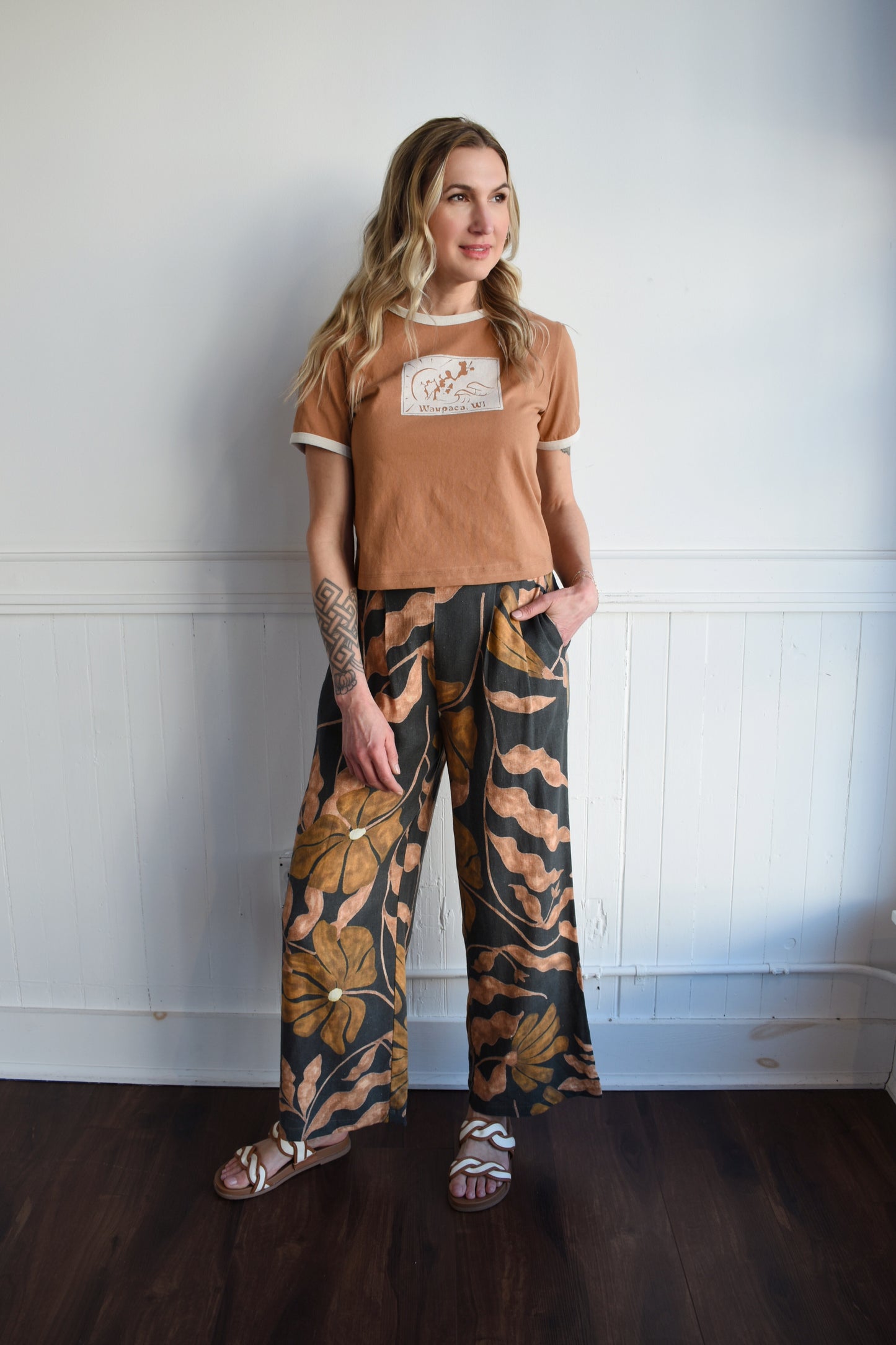 linocut print ringer tee