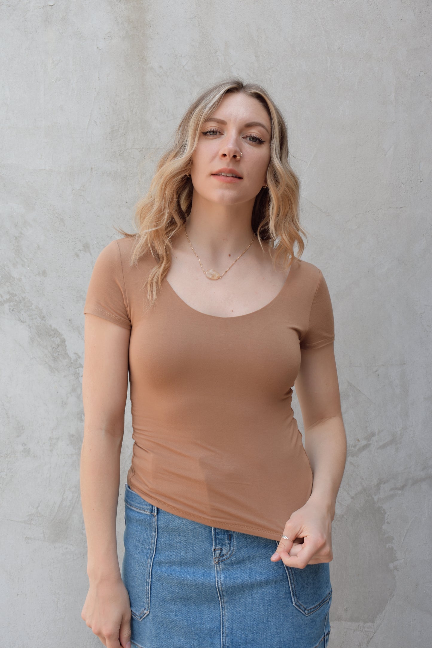 double layered fitted short sleeve top with scoop neckline front and back, full length