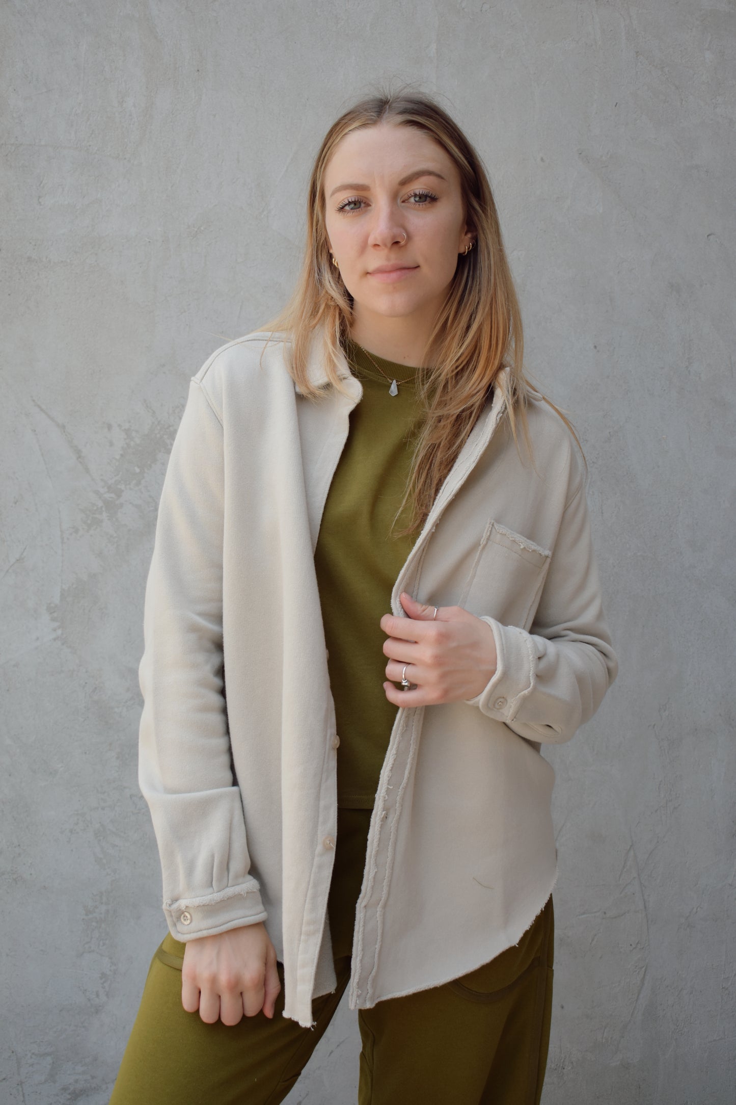 raw edge 100% cotton shacket button down left chest pocket full length relaxed comfortable fit