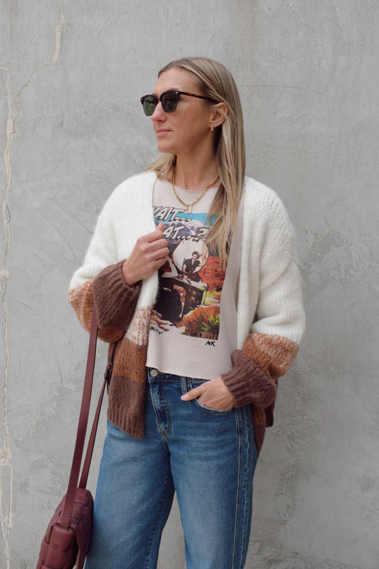 cozy relaxed fit cardigan with bottom half color blocked with earthy tones, white on top drop shoulder ribbed hem full length