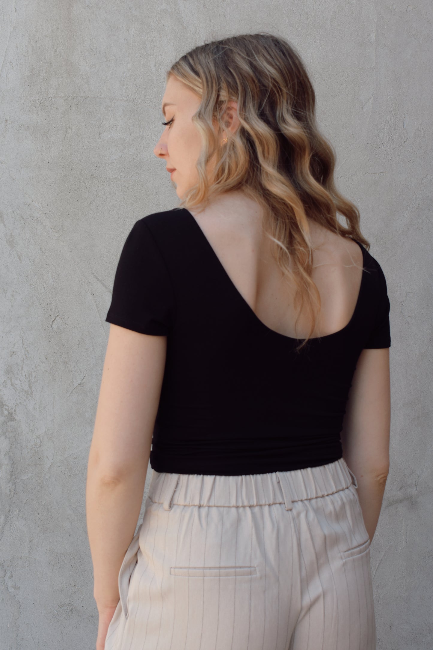 double layered fitted short sleeve top with scoop neckline front and back, full length