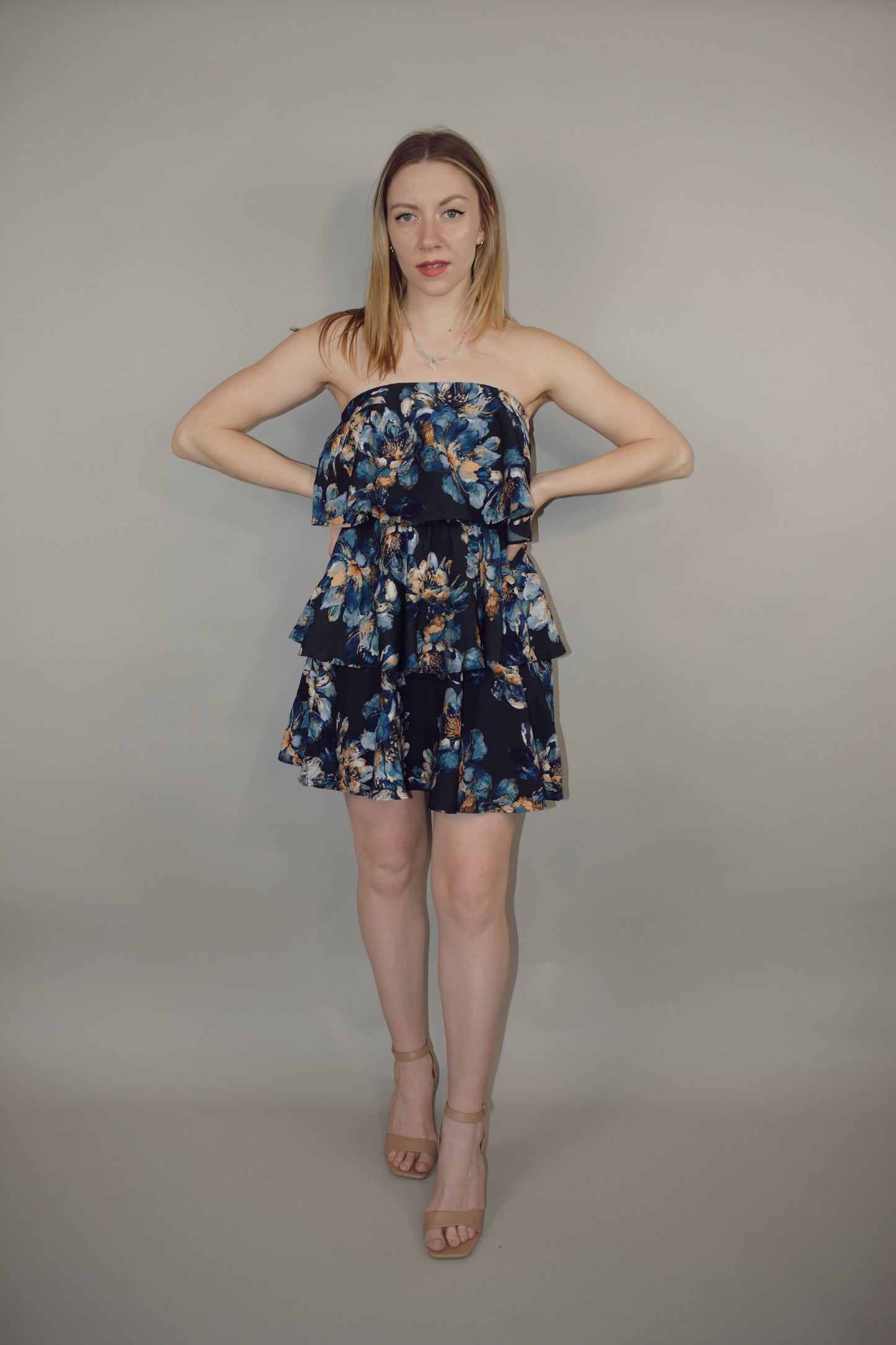 shades of blue floral printed mini tiered strapless dress summery wedding guest