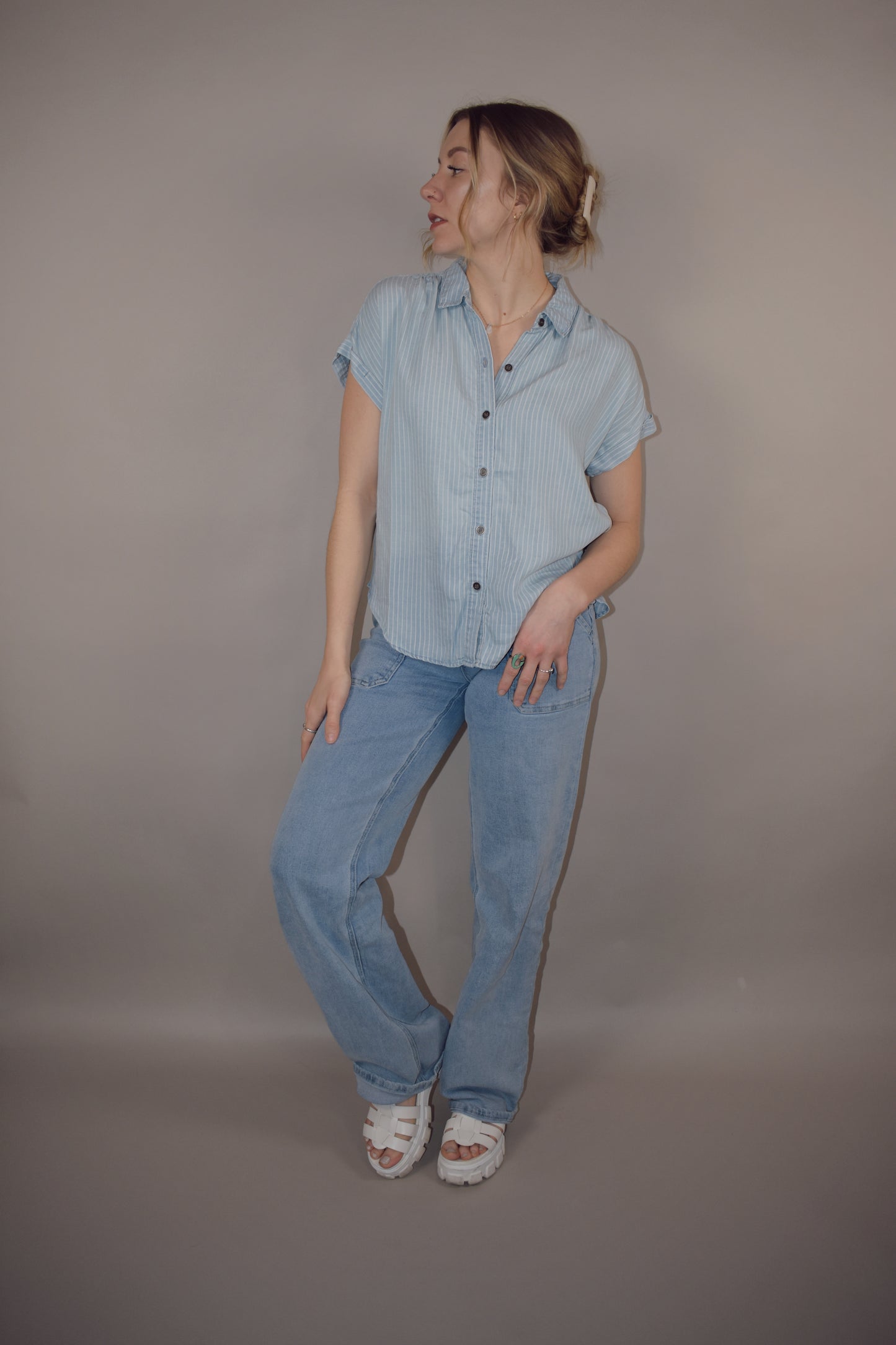 vertical pin striped chambray button down light blue and white stripes short cuffed sleeves full length straight fit super soft