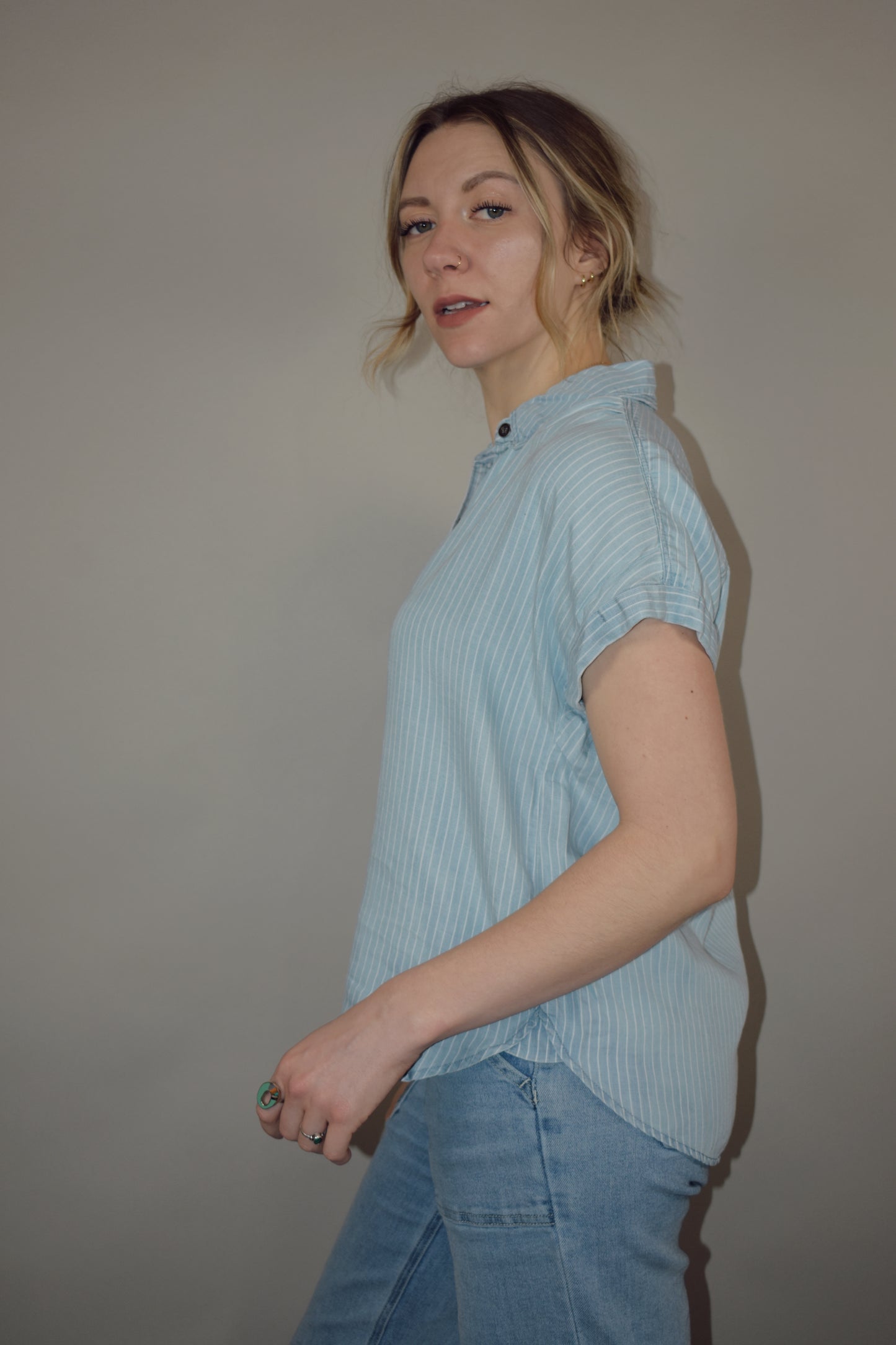 vertical pin striped chambray button down light blue and white stripes short cuffed sleeves full length straight fit super soft