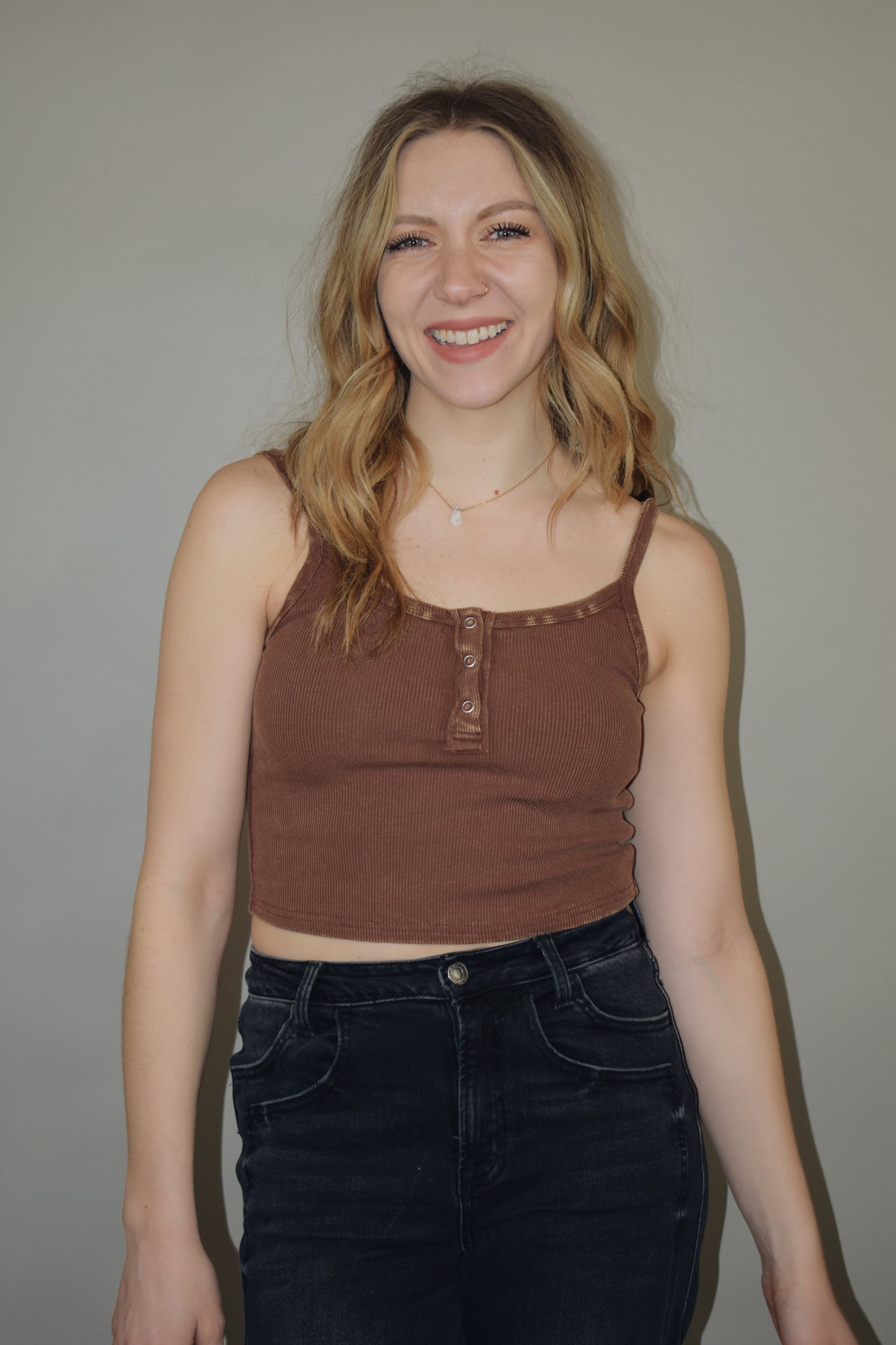 scoop spaghetti strap cropped cami tank with skinny snap placket on front fitted and stretchy semi acid wash