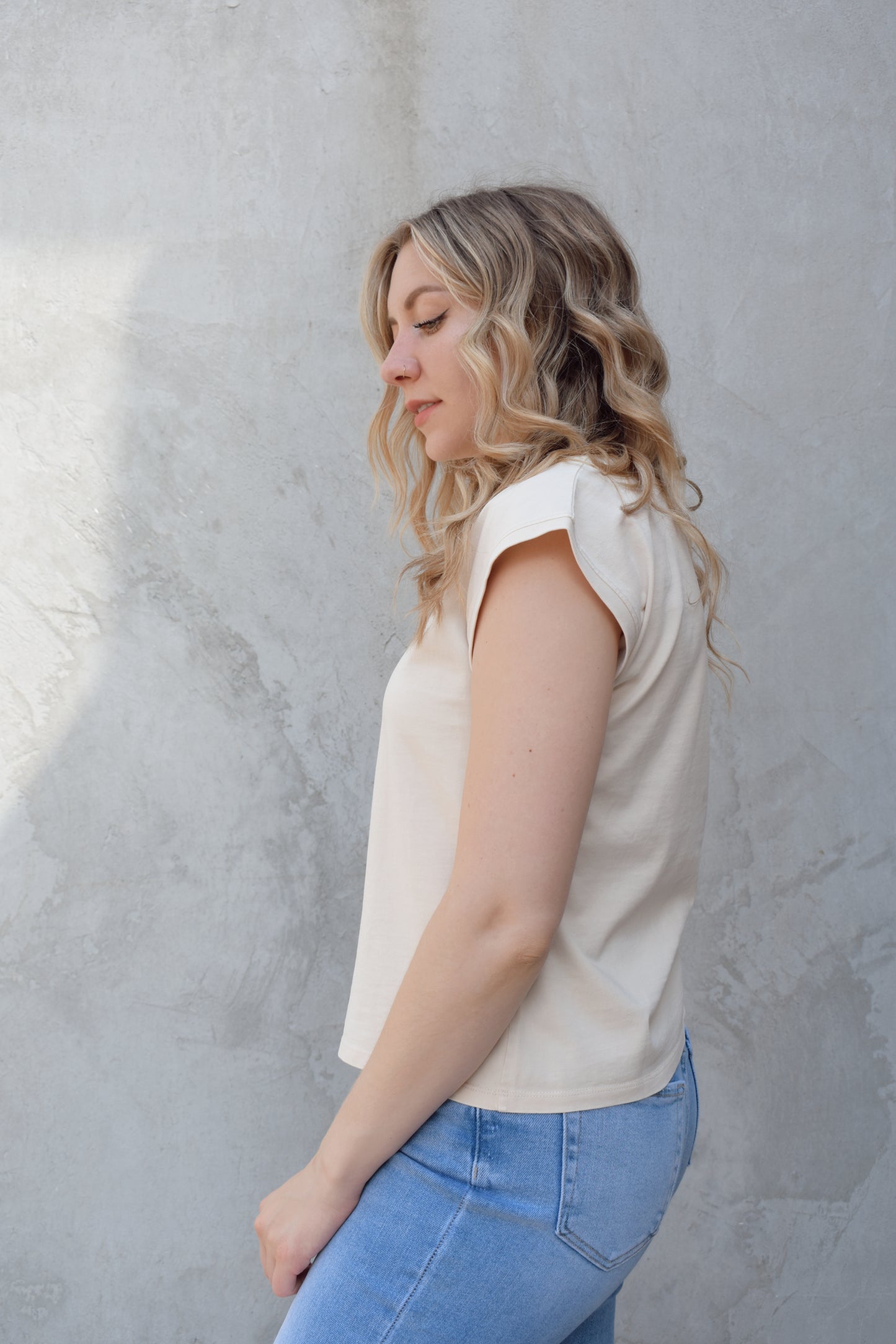 cap sleeve top with round neck relaxed fit slightly cropped basic essential staple