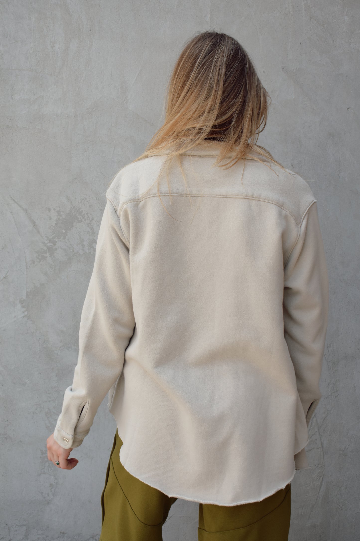 raw edge 100% cotton shacket button down left chest pocket full length relaxed comfortable fit
