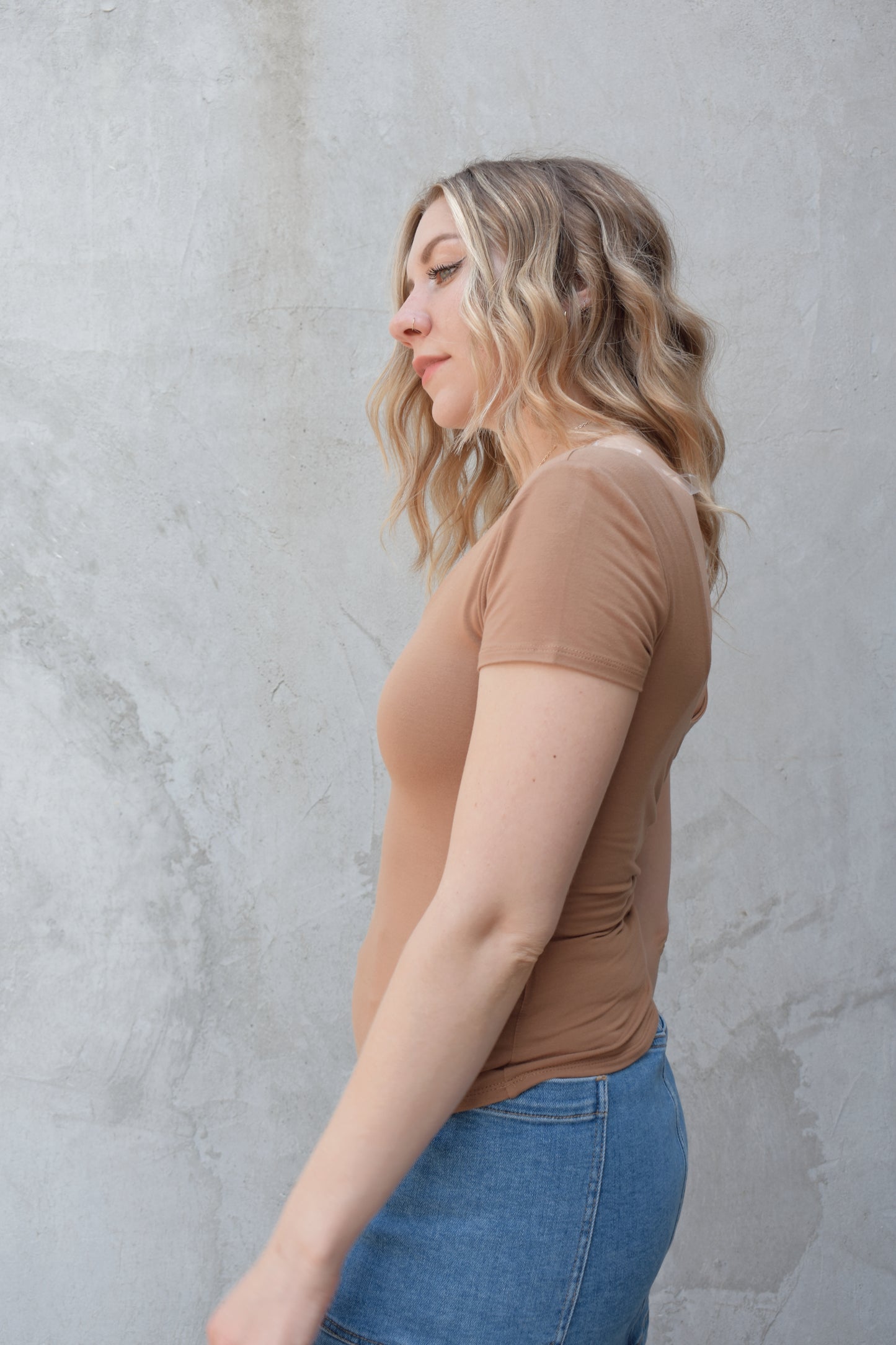 double layered fitted short sleeve top with scoop neckline front and back, full length