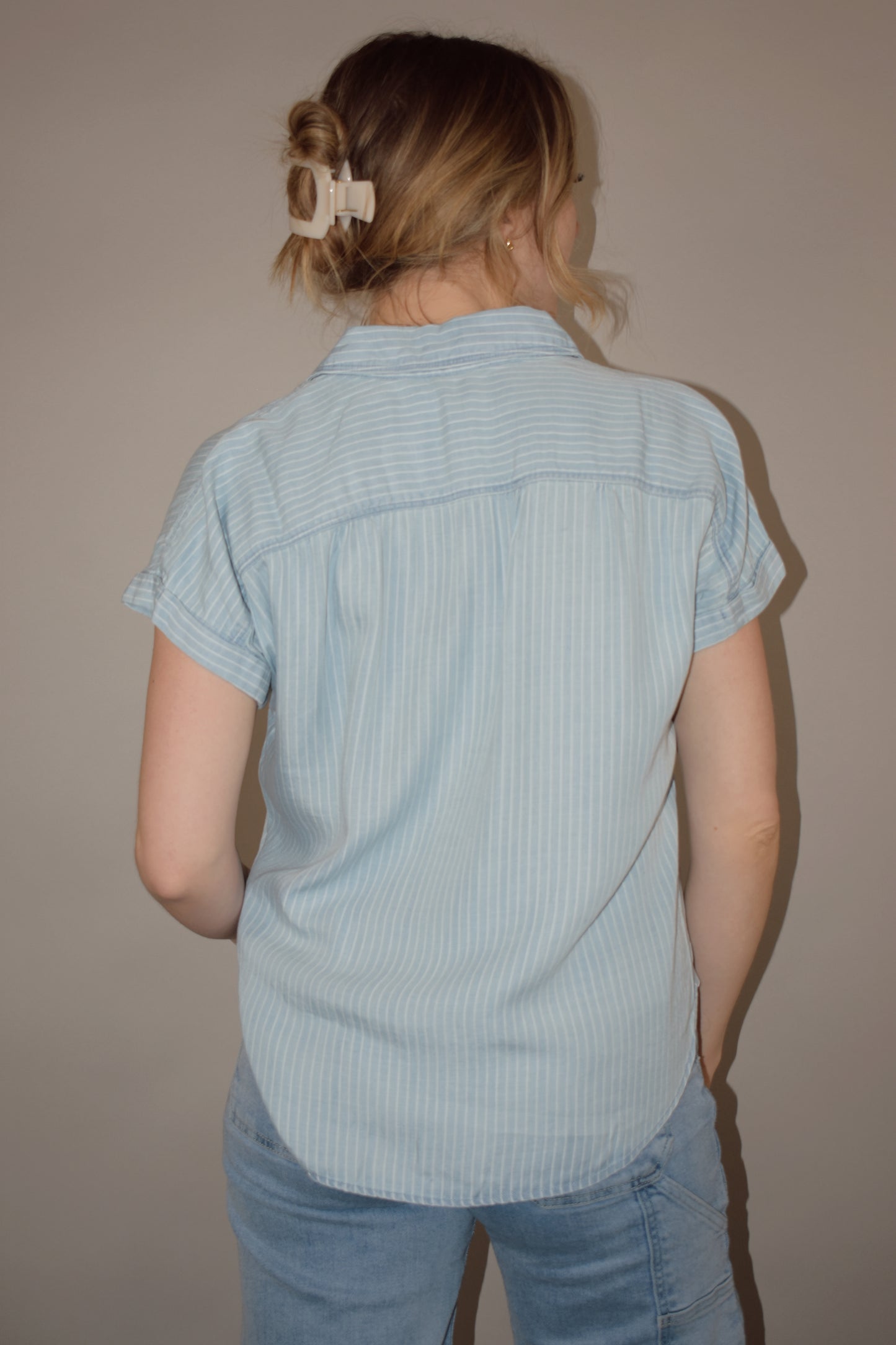 vertical pin striped chambray button down light blue and white stripes short cuffed sleeves full length straight fit super soft