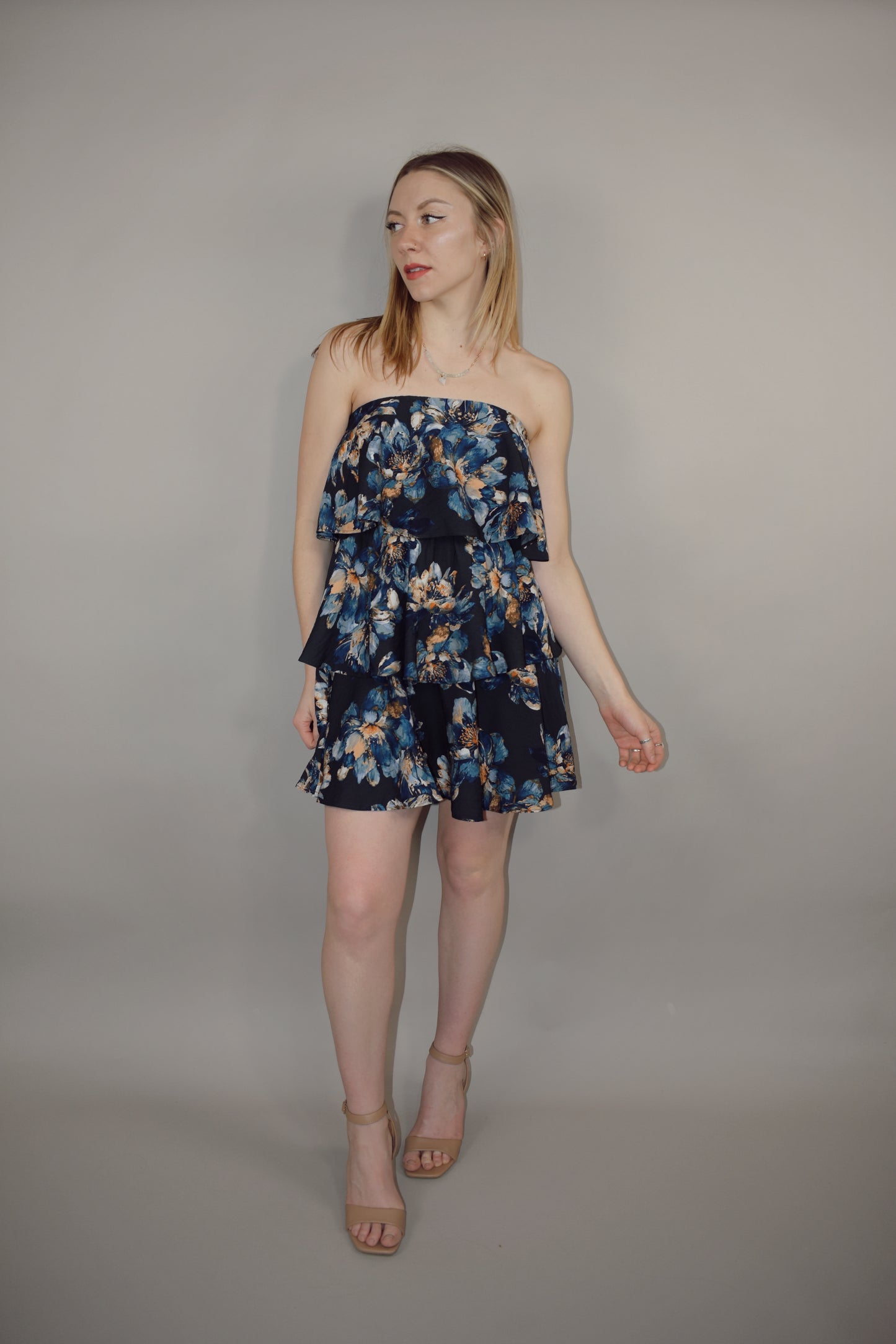 shades of blue floral printed mini tiered strapless dress summery wedding guest