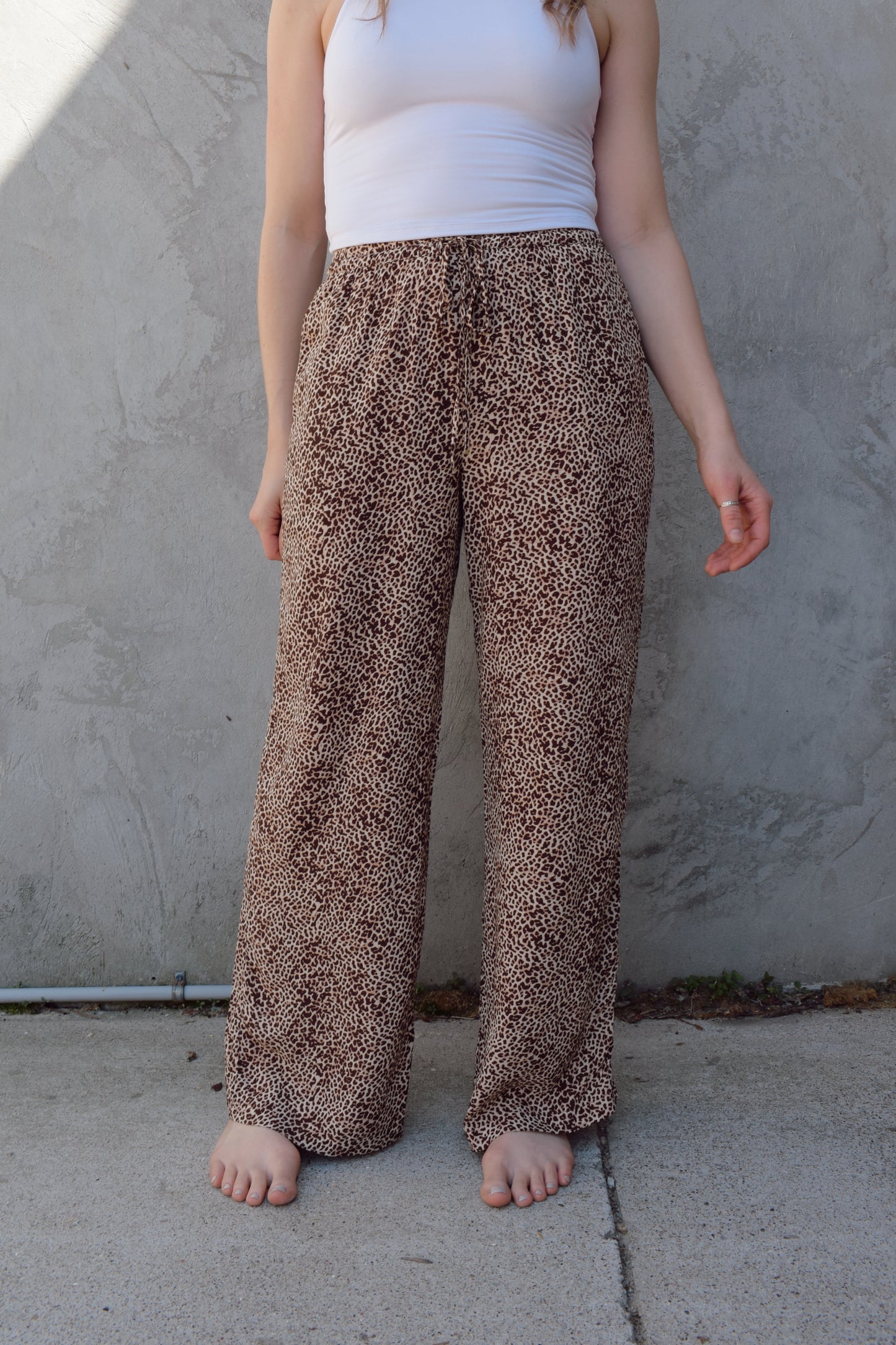 flowy wide leg leopard printed drawstring pants with pockets full length high waisted