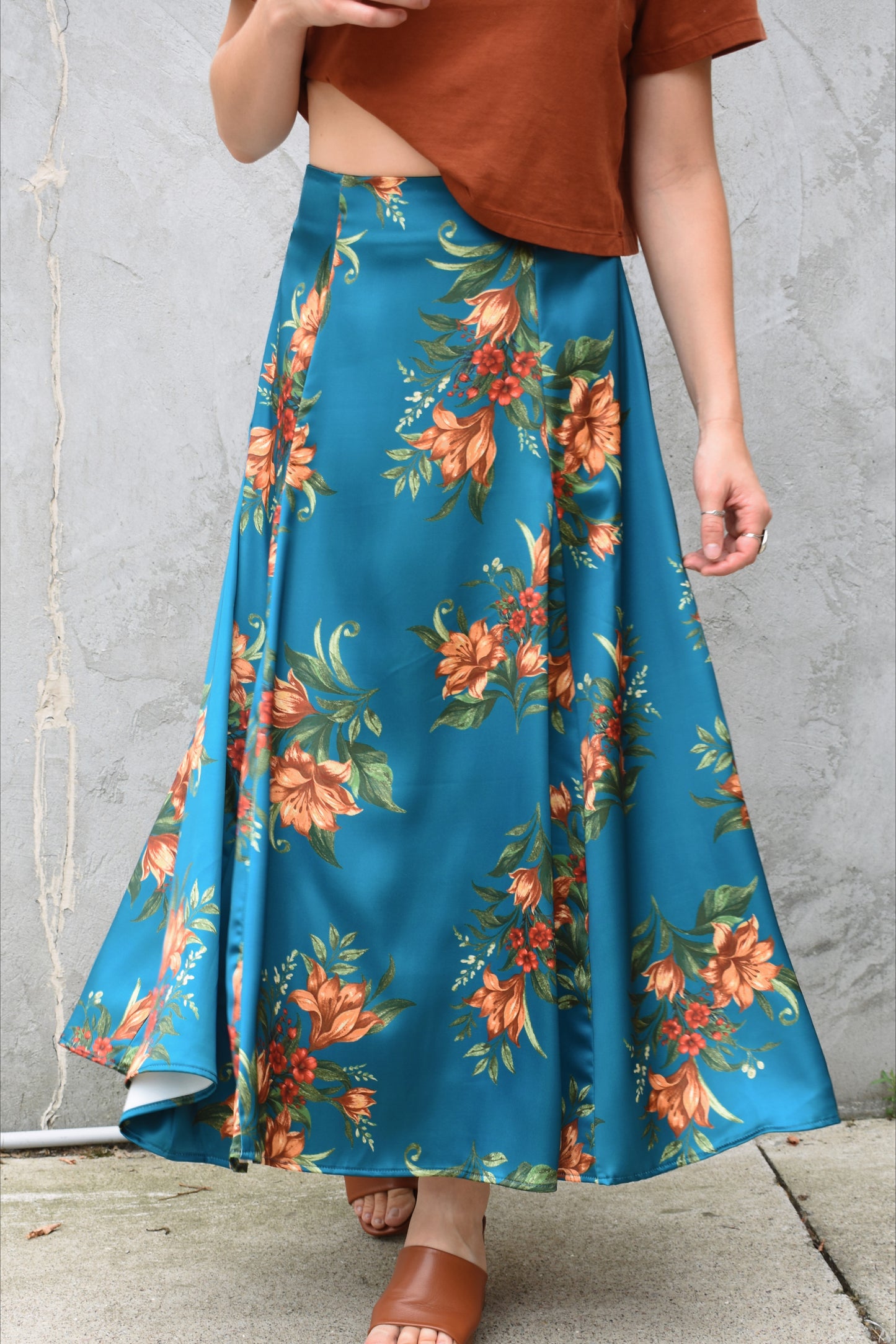 floral satin circle skirt