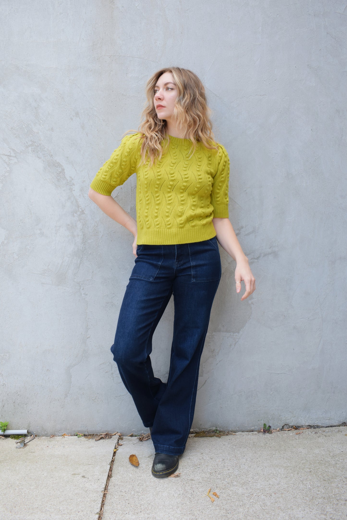 short sleeve crew neck sweater with  popcorn knit pointelle design and ribbed texture on cuffs hem and neckline chartreuse color straight fit