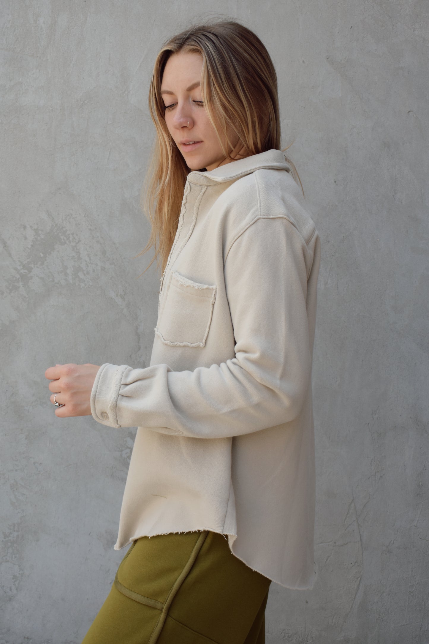 raw edge 100% cotton shacket button down left chest pocket full length relaxed comfortable fit