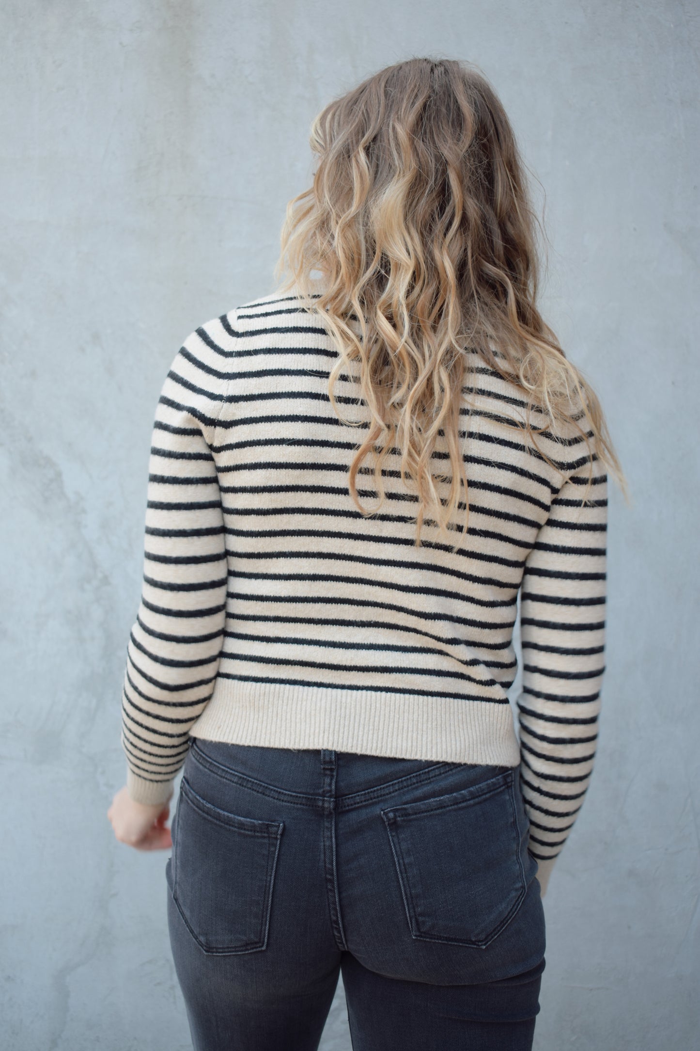 horizontally striped cardigan sweater with gold buttons fitted crew neck