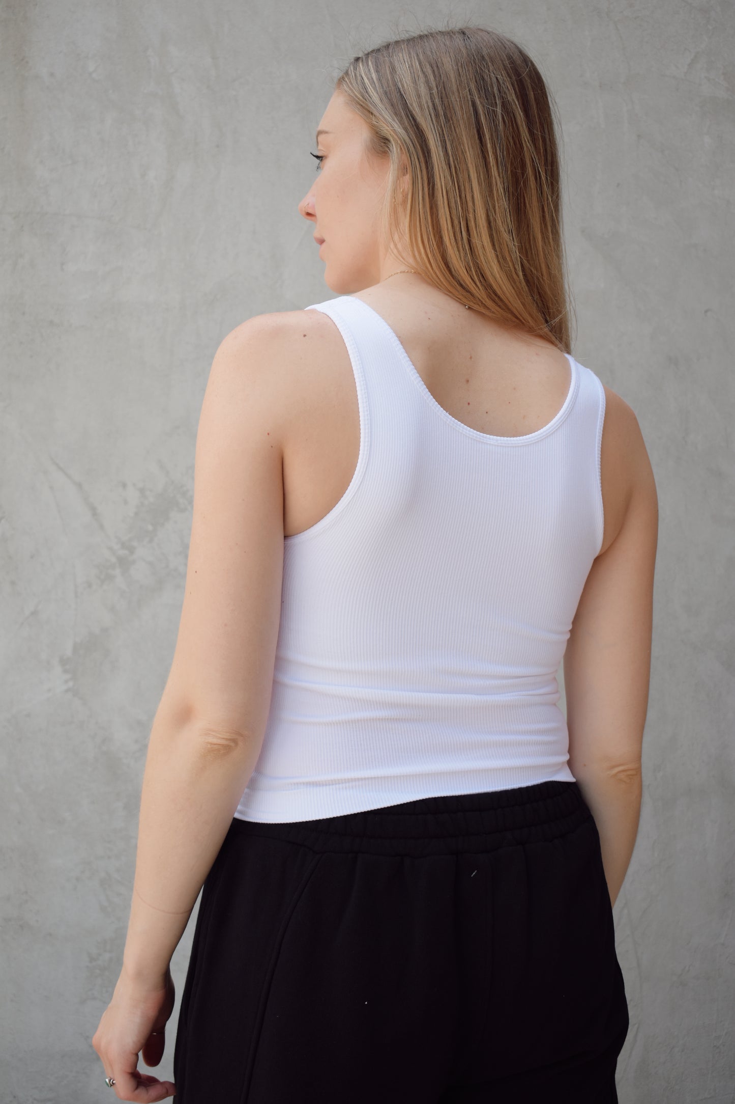 Ribbed tank top with built in bra and scoop neckline athleisure basics fitted