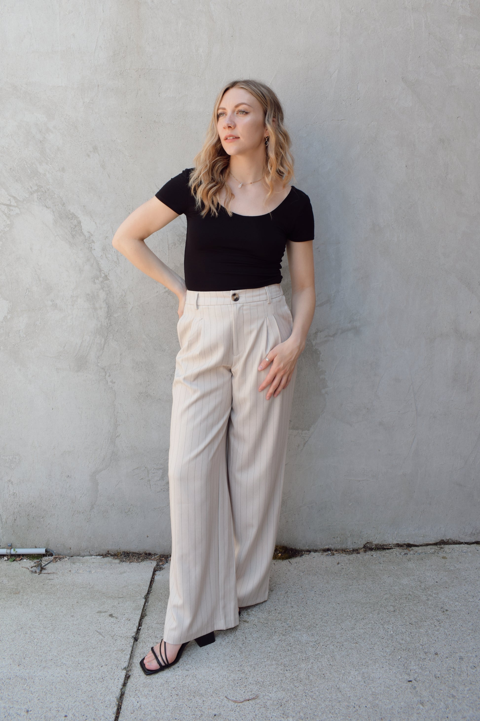 vertical pinstripe trousers with front pleats, pockets, zip and button enclosure, has beltloops, fake back pockets, elastic on back of waistband, full length