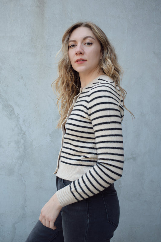 horizontally striped cardigan sweater with gold buttons fitted crew neck