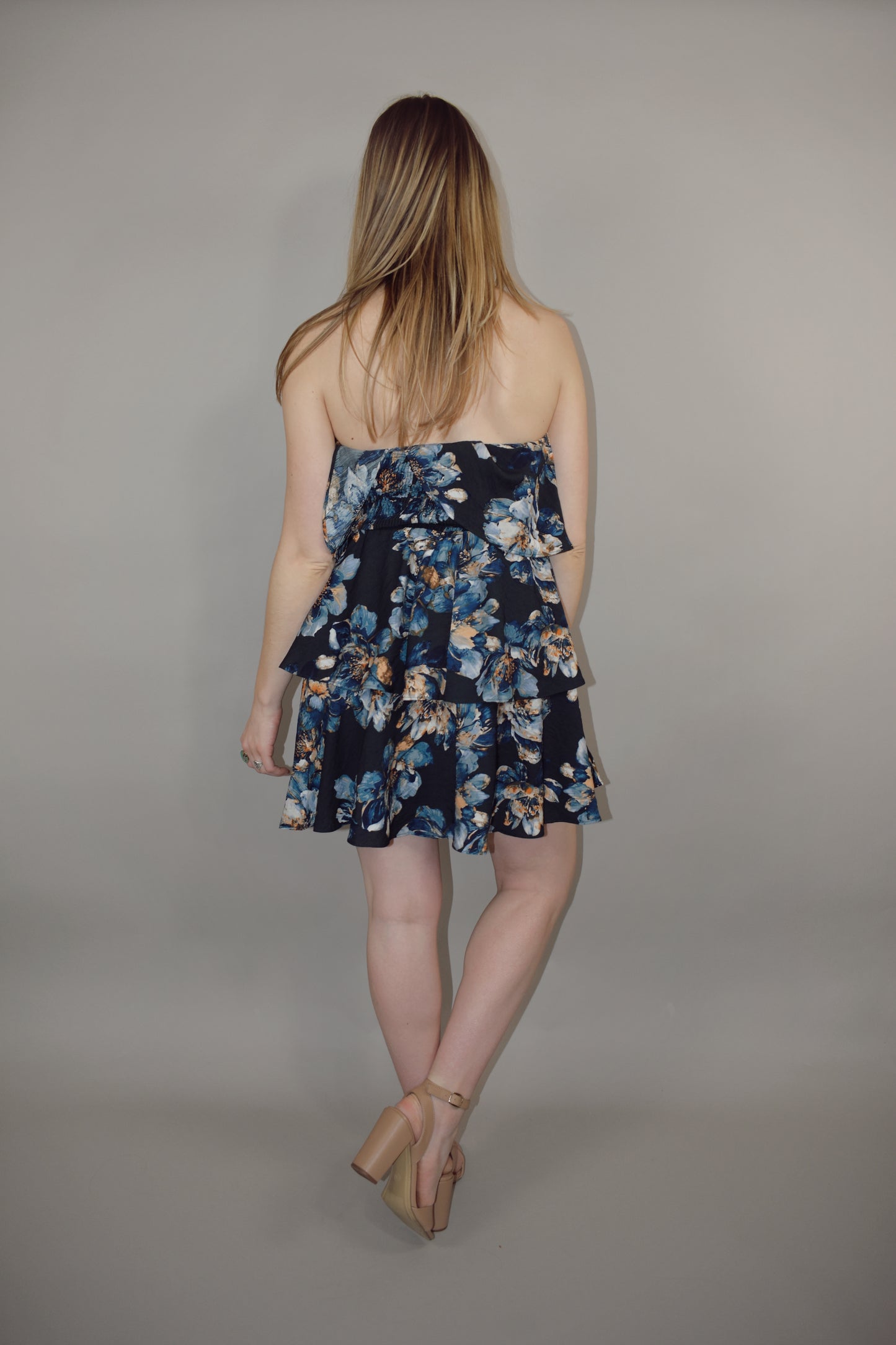 shades of blue floral printed mini tiered strapless dress summery wedding guest