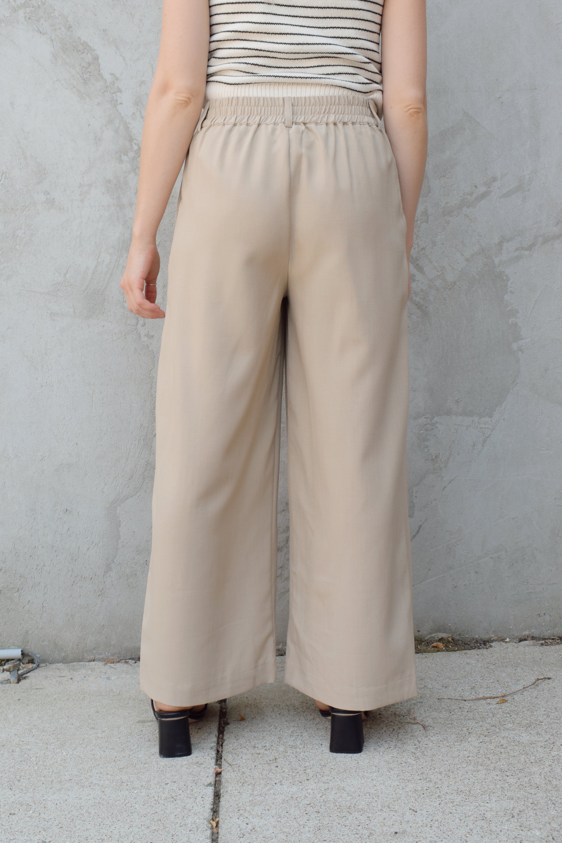 wide leg high rise trousers with pleats that extend fully down the front of the leg, zip and clasp enclosure, has pockets and belt loops, full length, elastic on back of waistband