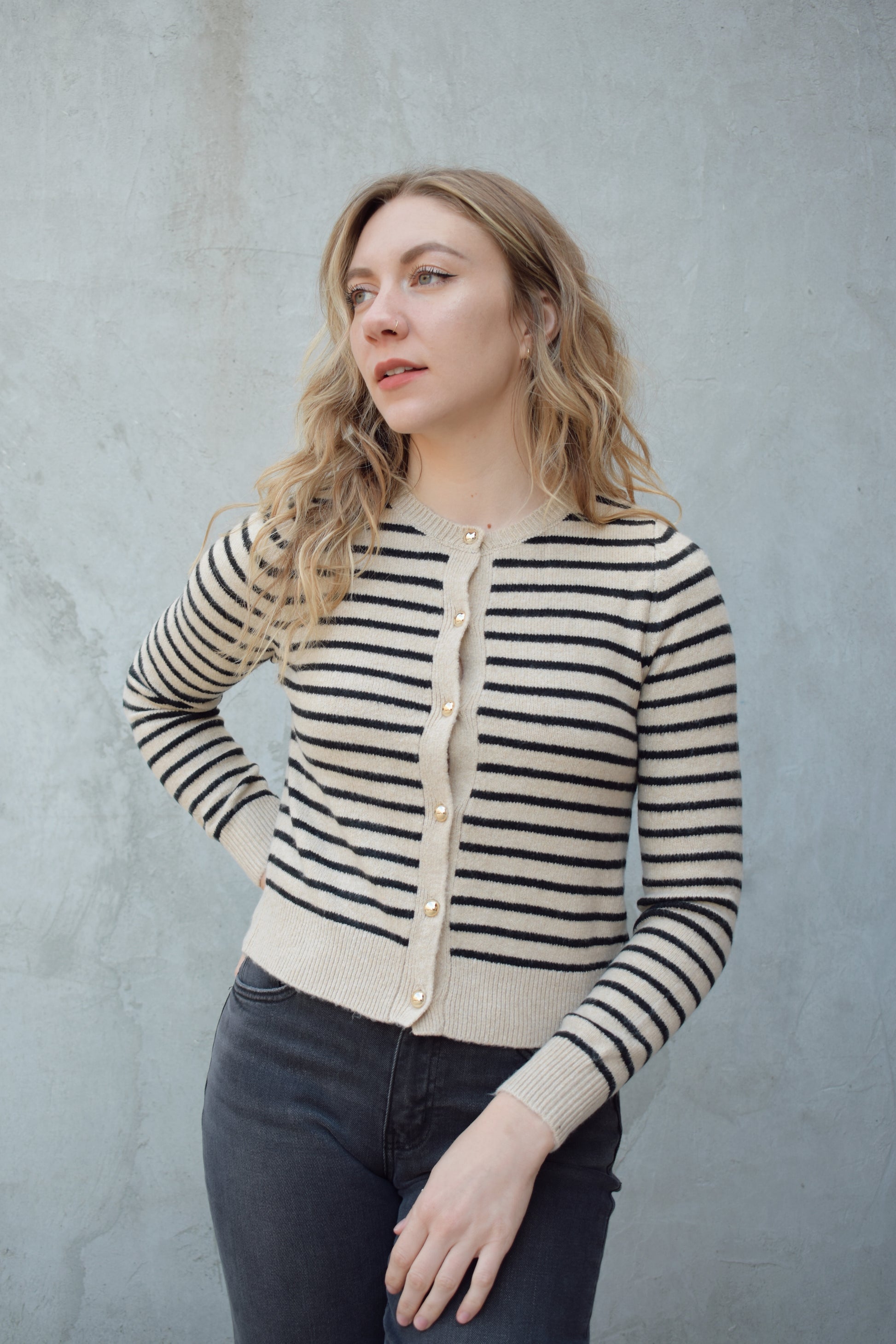 horizontally striped cardigan sweater with gold buttons fitted crew neck
