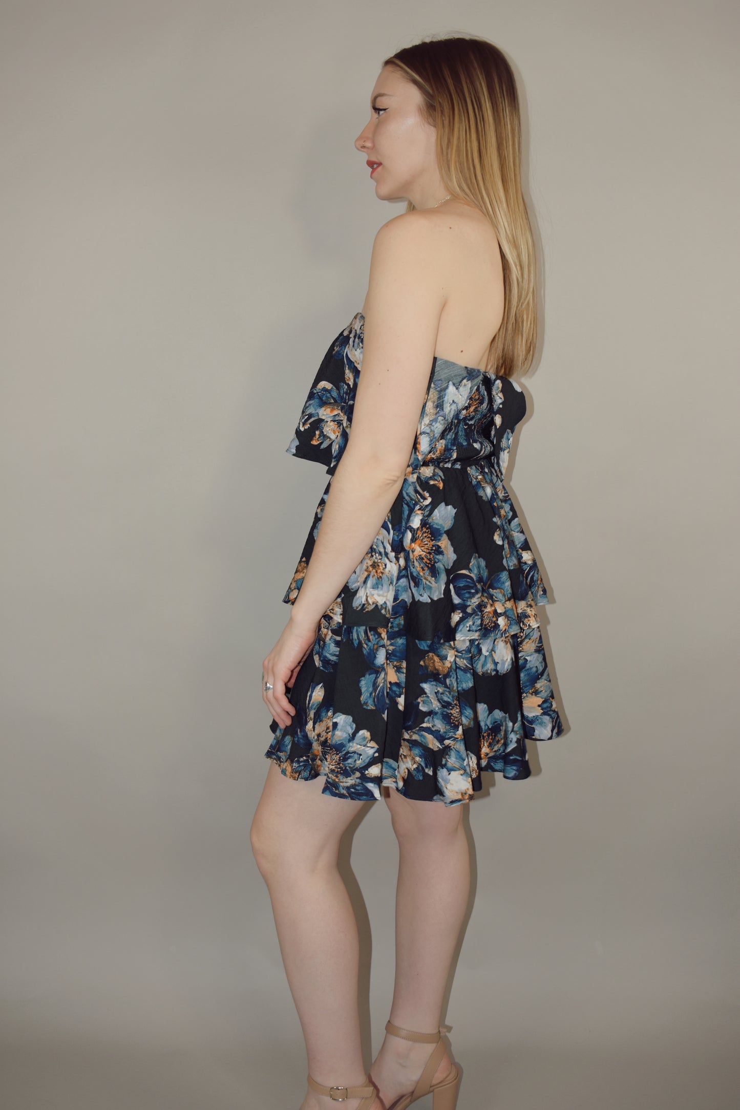 shades of blue floral printed mini tiered strapless dress summery wedding guest