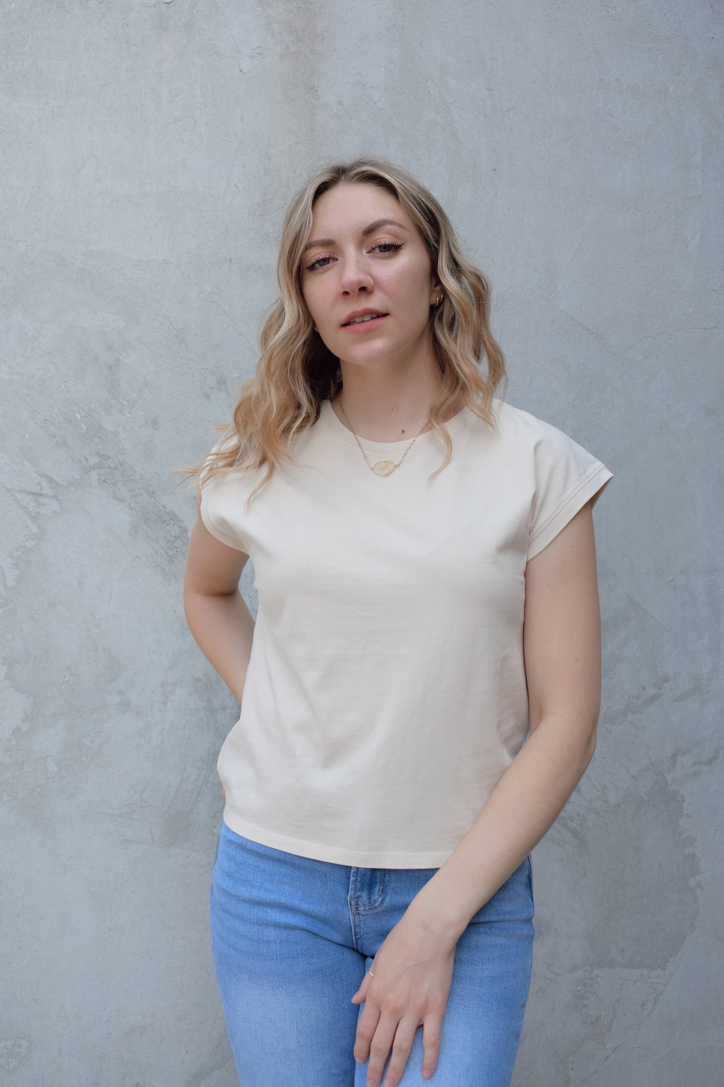 cap sleeve top with round neck relaxed fit slightly cropped basic essential staple