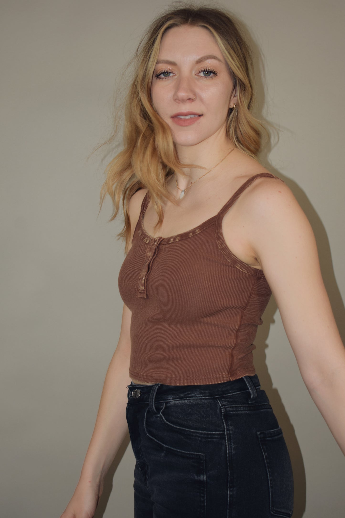 scoop spaghetti strap cropped cami tank with skinny snap placket on front fitted and stretchy semi acid wash