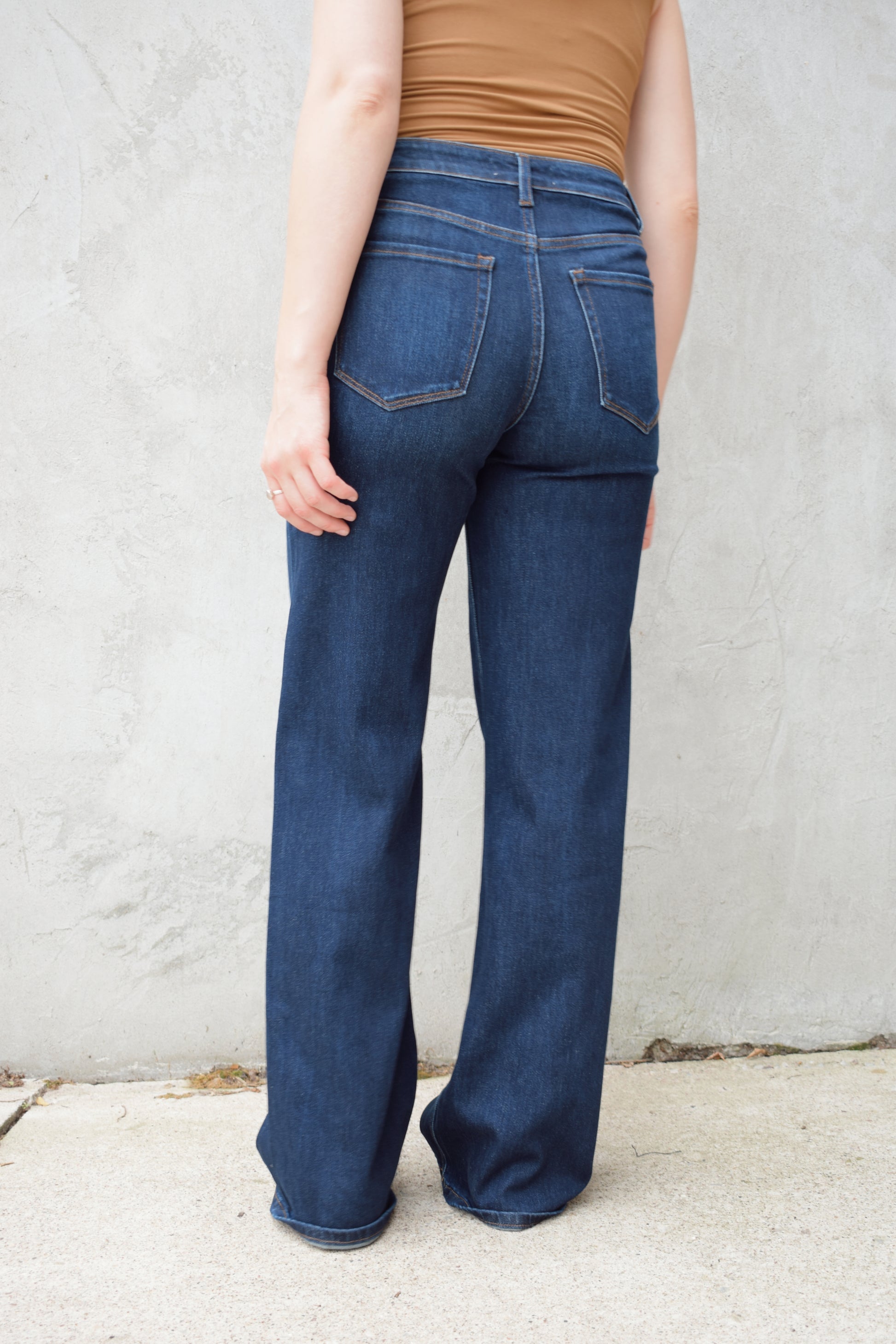 dark wash high rise full length wide leg jeans stretch denim no holes clean hem zip and button enclosure front and back pockets has beltloops