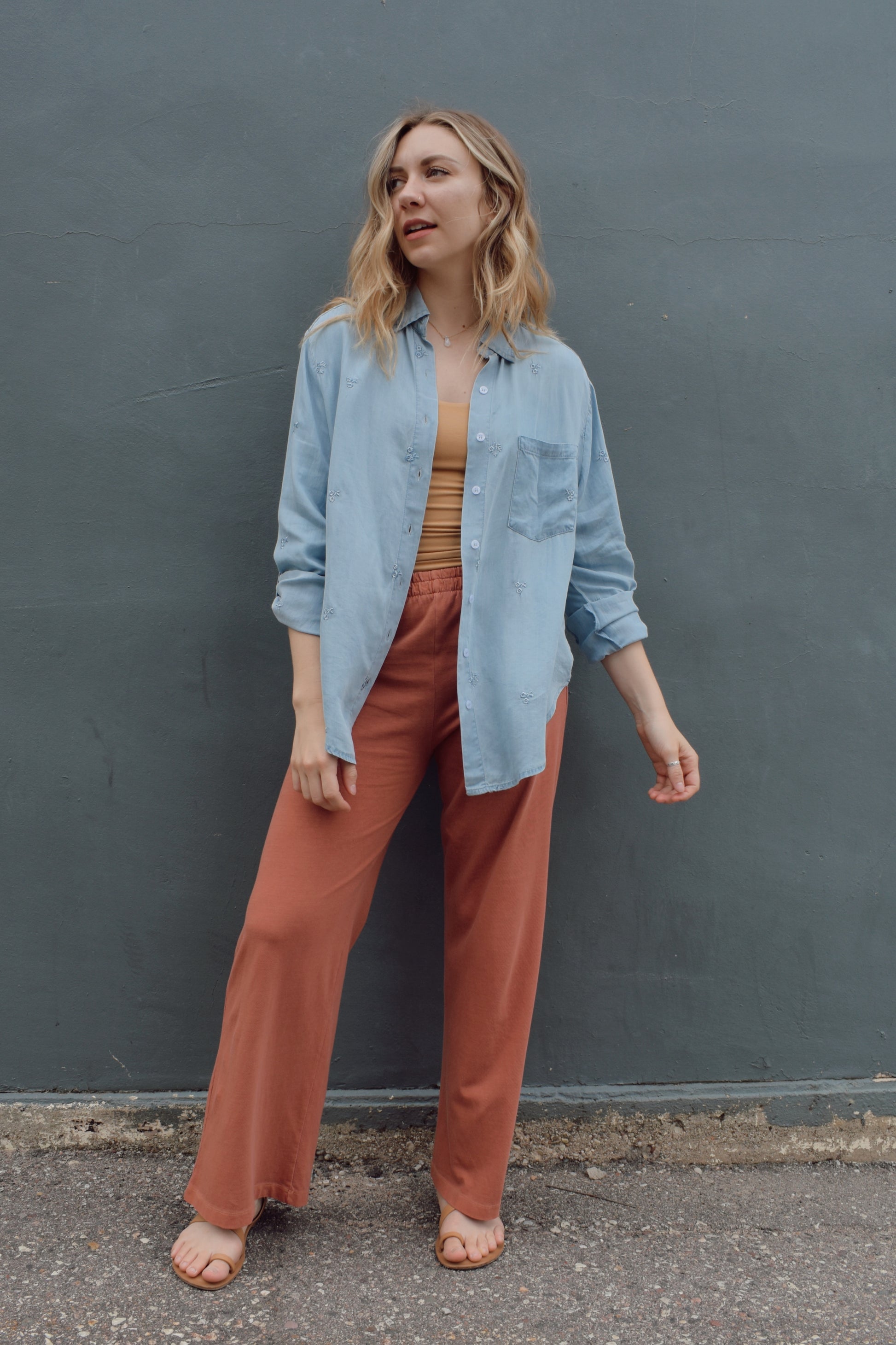 wide leg lounge pants high waist elastic waistband no pockets full length rust color