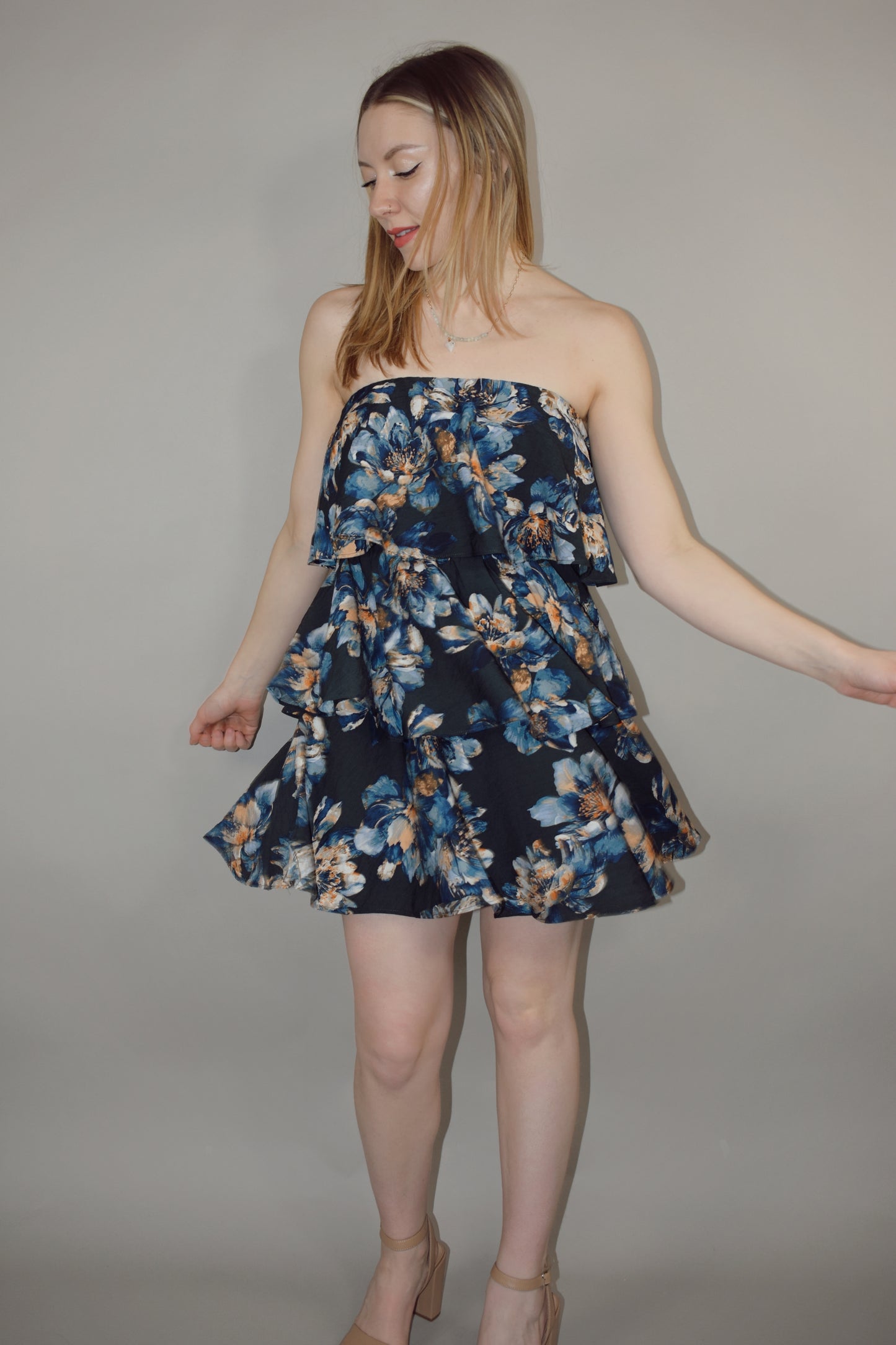 shades of blue floral printed mini tiered strapless dress summery wedding guest