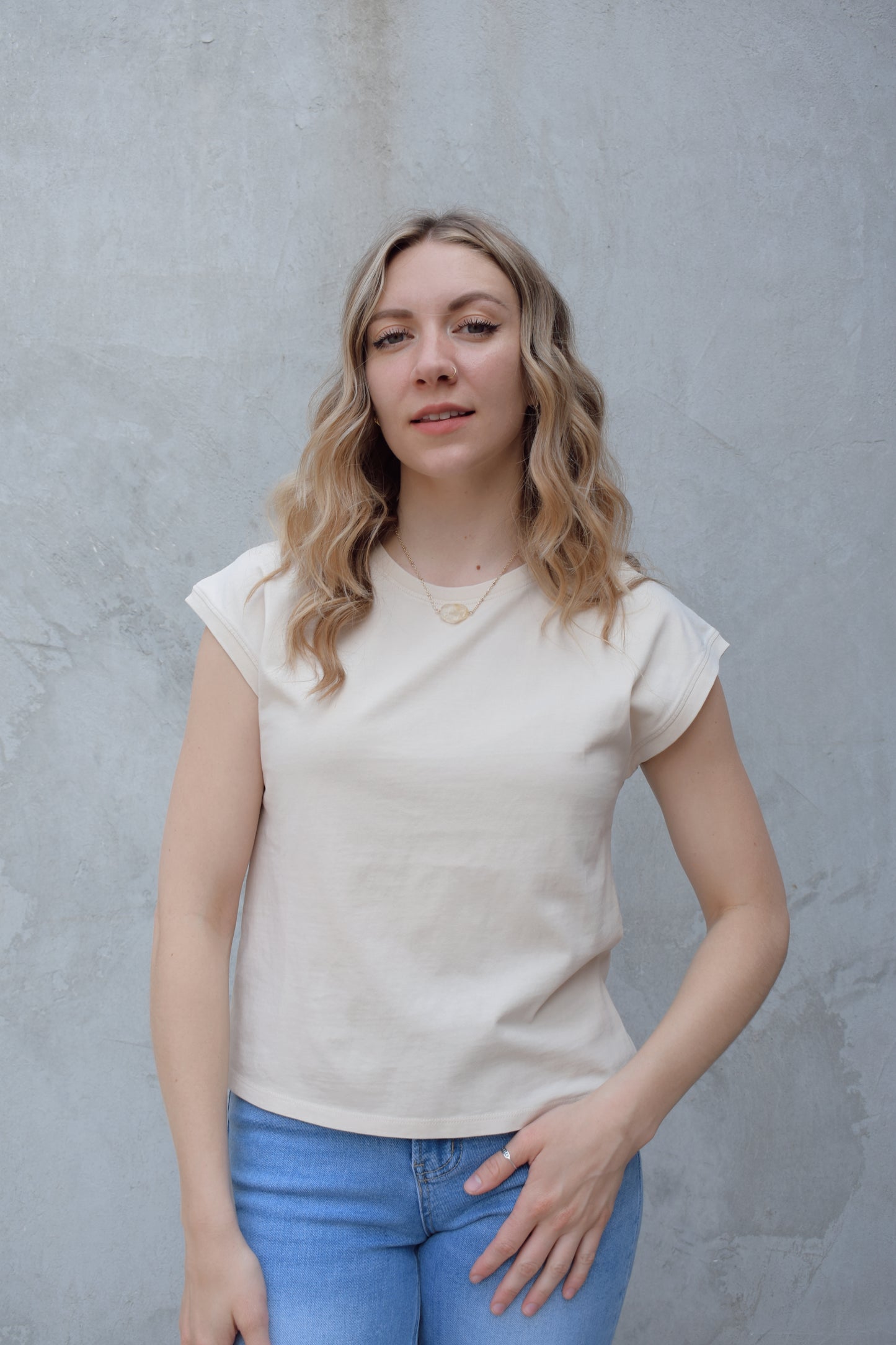 cap sleeve top with round neck relaxed fit slightly cropped basic essential staple