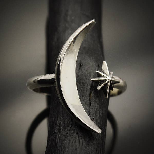 nina designs fair trade sterling silver moon & star adjustable ring