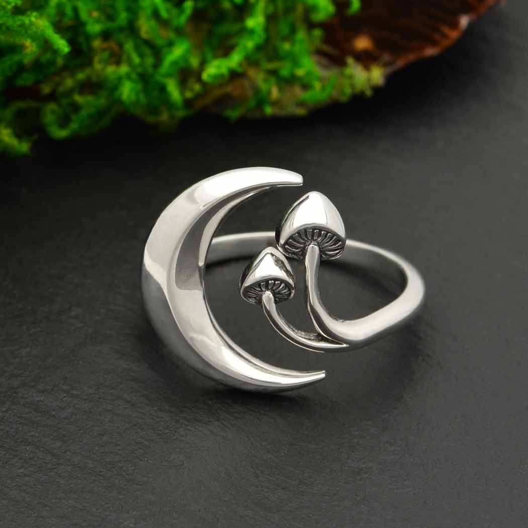 nina designs fair trade sterling moon & mushroom adjustable boho ring