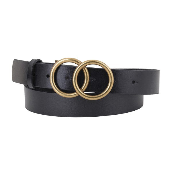 Brass-Toned Circle Buckle Leather Belt