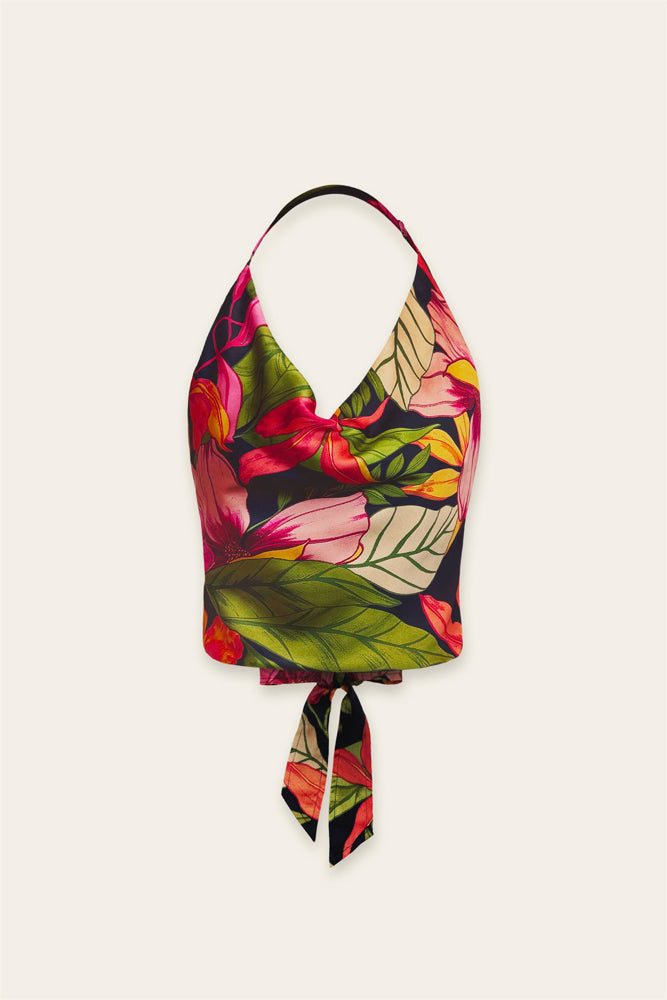 Satin floral halter top cropped with tie on botton and the neck strap is adjustable. slouchy cowl neck. black background with large colorful botanical print