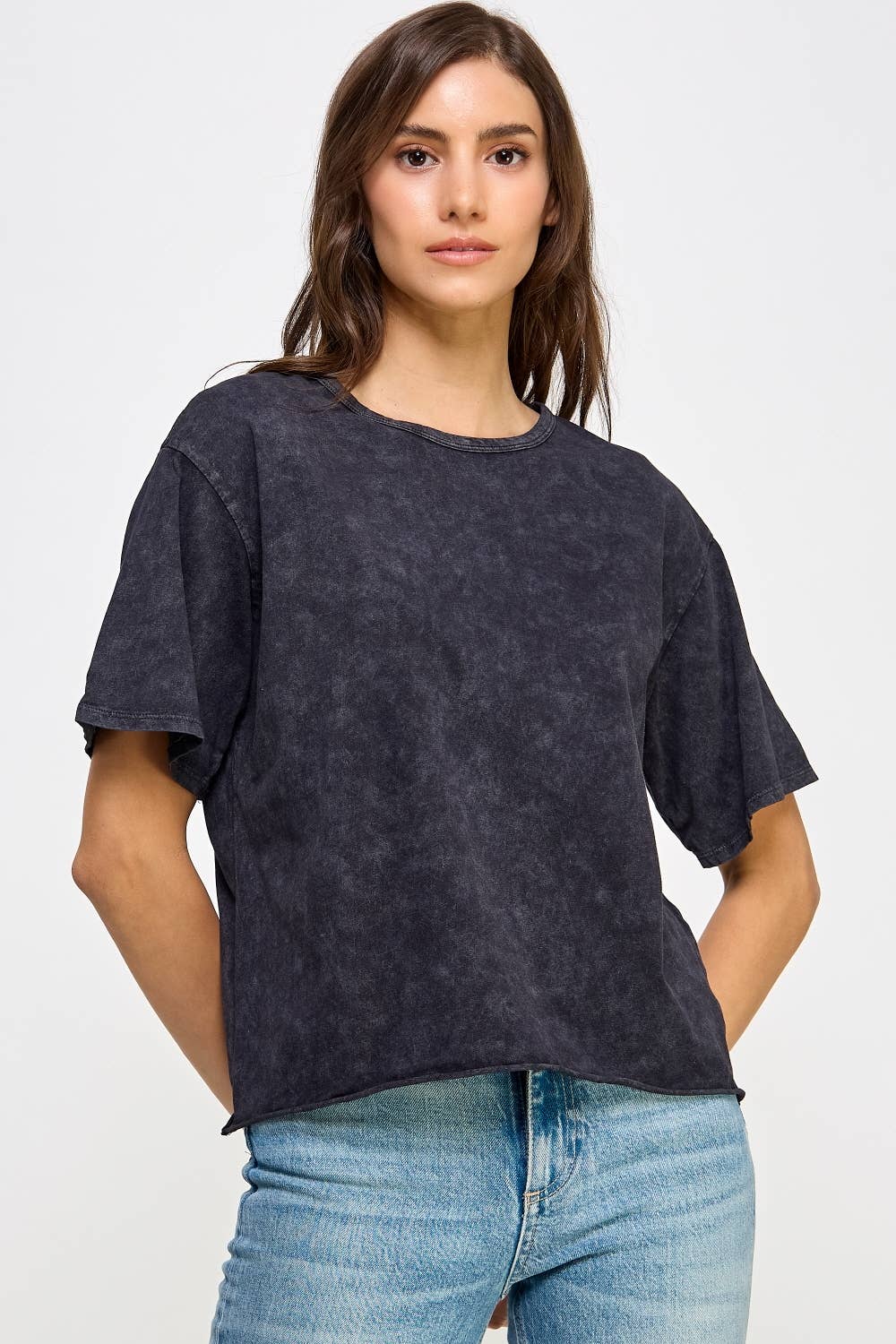 Honestee - Blank Mineral Washed Long Cropped T-Shirt
