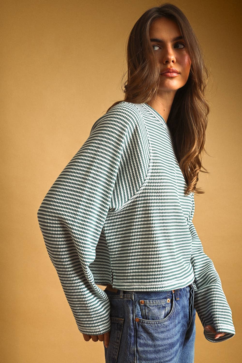 MIOU MUSE - ET6930   STRIPED WAFFLE FABRIC LONG SLEEVE TOP