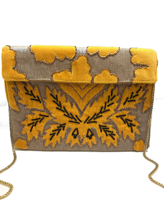 mustard velvet applique clutch