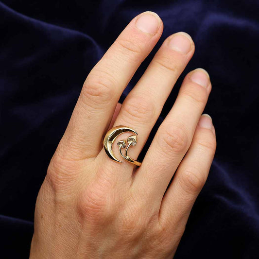 nina designs gold bronze moon & mushroom fair trade adjustable ring