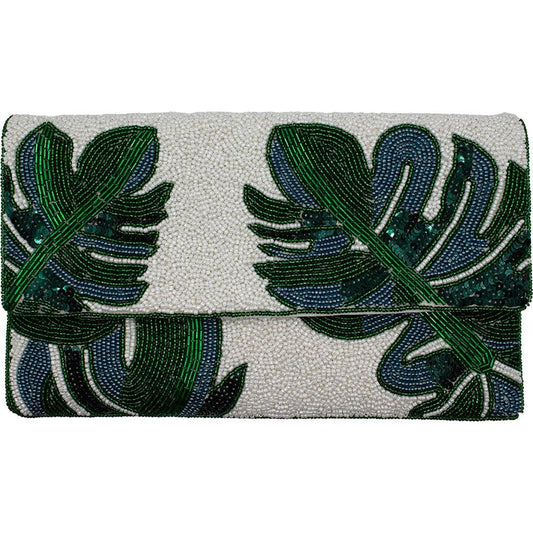 palm leaf beaded clutch