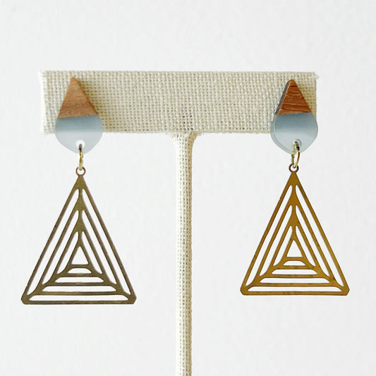 acetate and wood stud infinite triangle brass pendant earrings