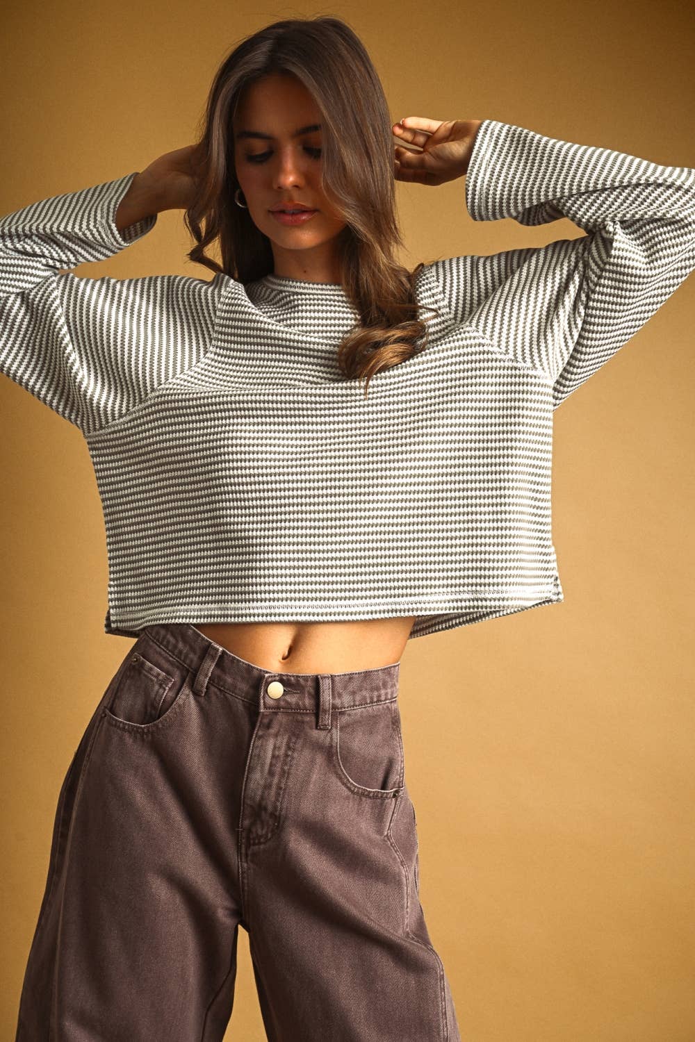 MIOU MUSE - ET6930   STRIPED WAFFLE FABRIC LONG SLEEVE TOP