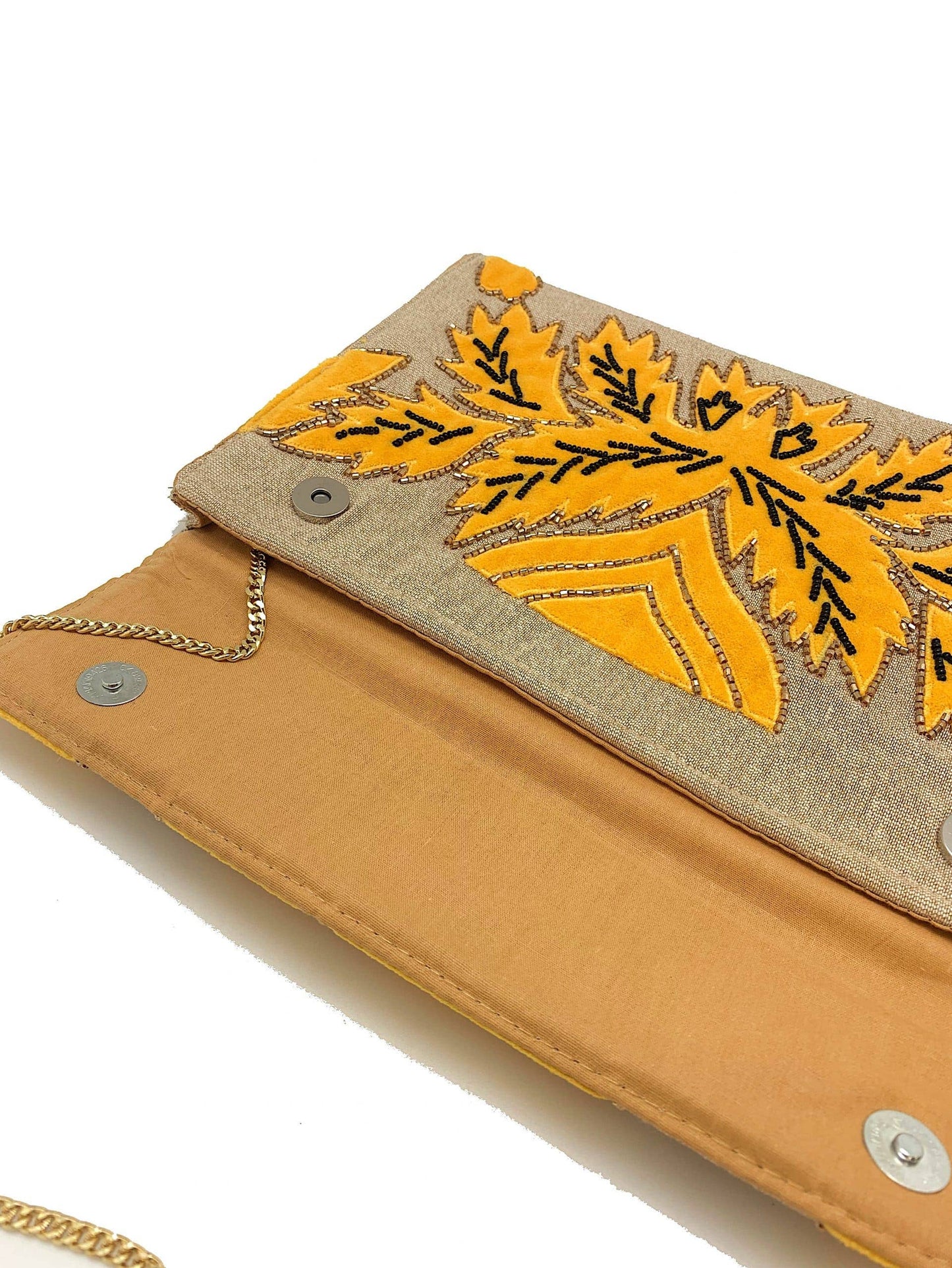mustard velvet applique clutch