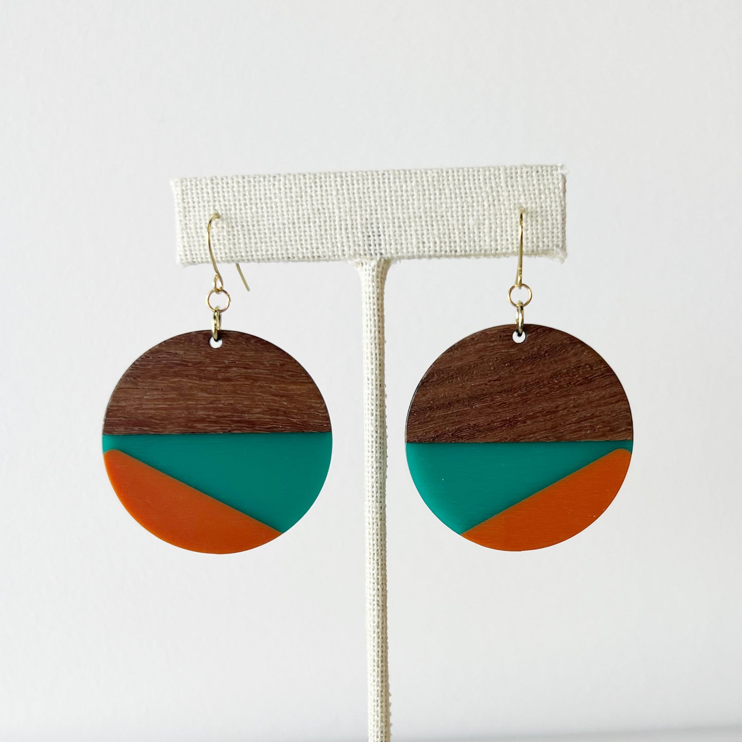 retro aqua and orange wood disc lightweight earrings made in the usa