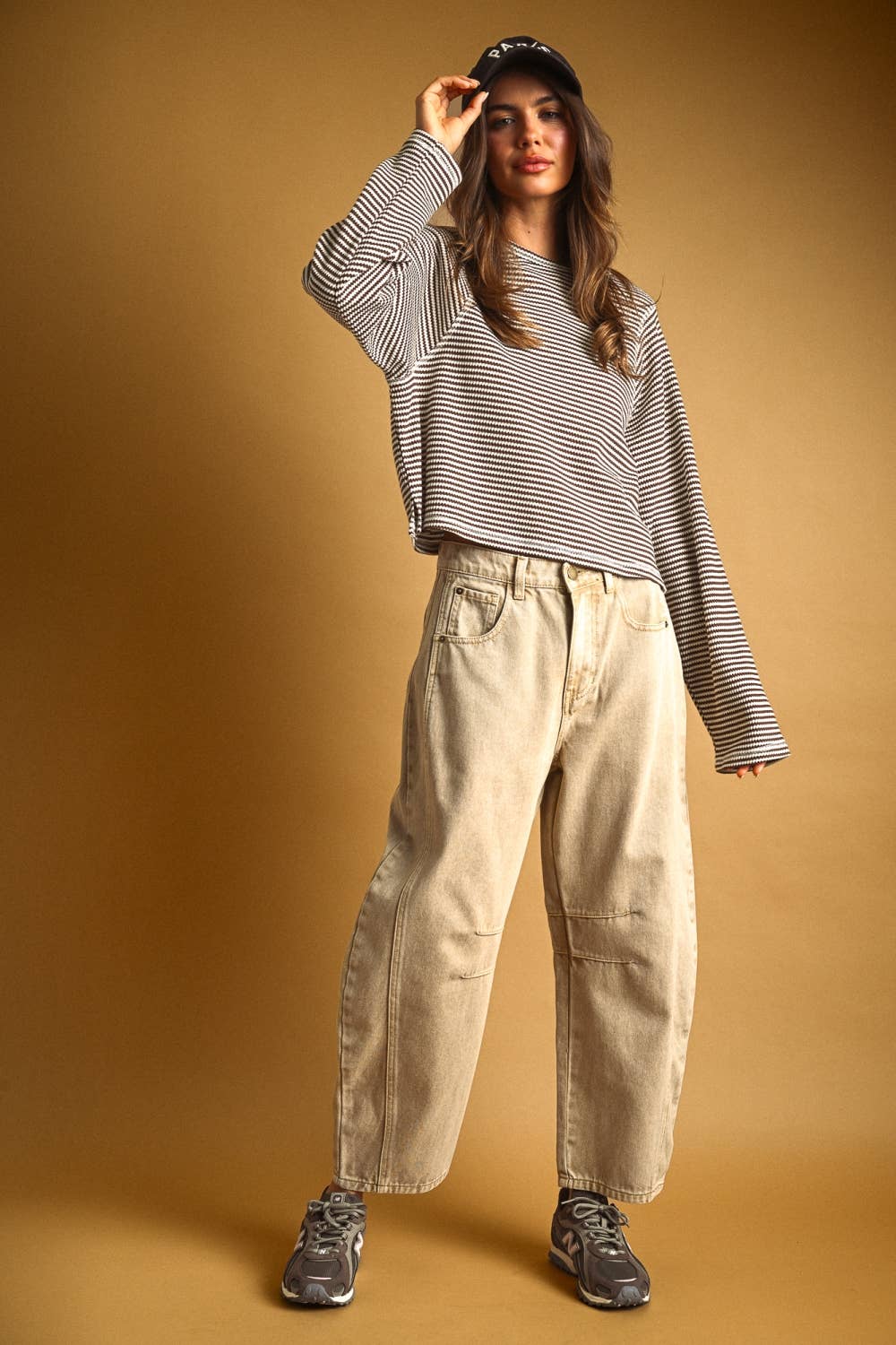 MIOU MUSE - ET6930   STRIPED WAFFLE FABRIC LONG SLEEVE TOP