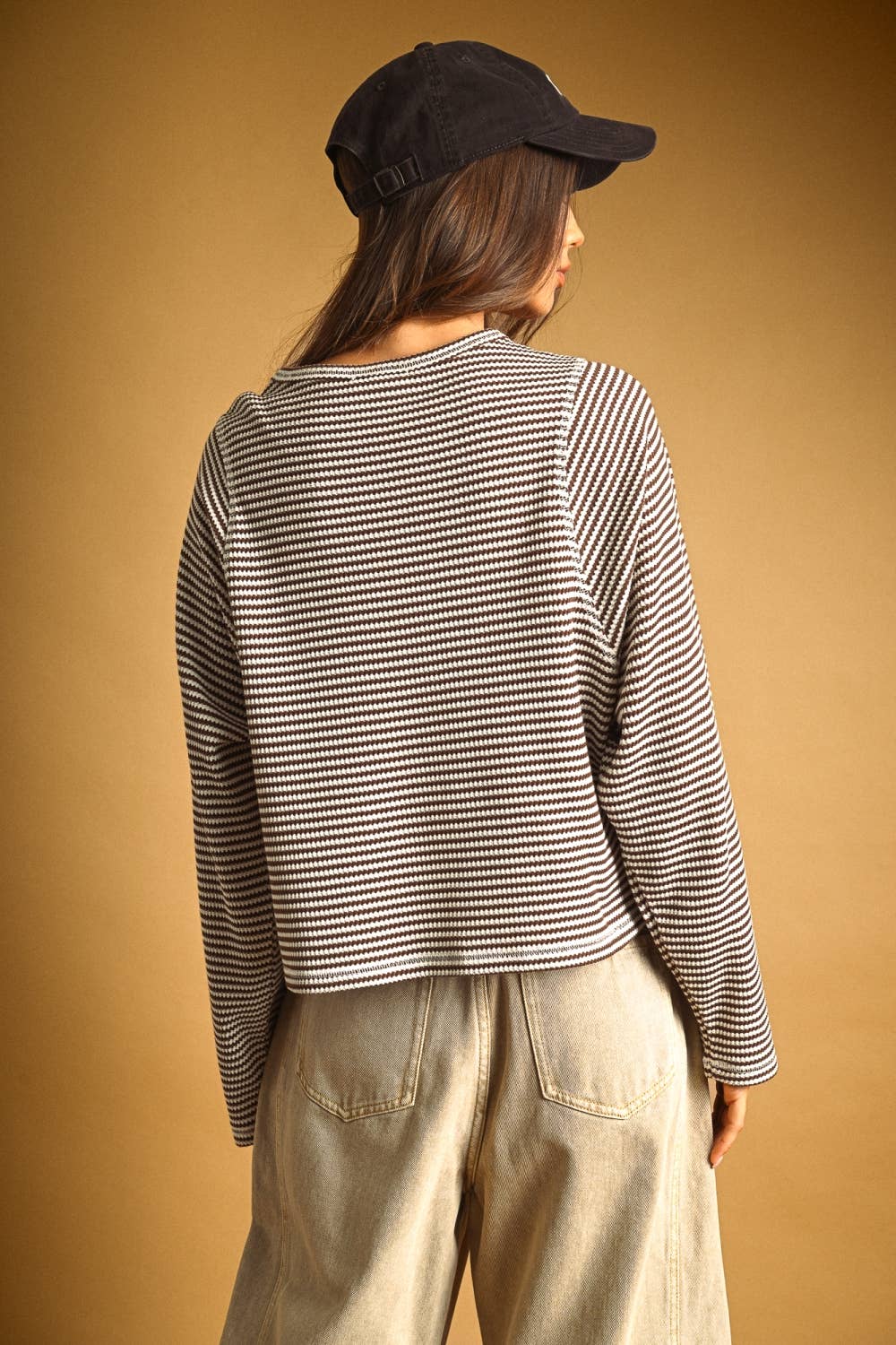 MIOU MUSE - ET6930   STRIPED WAFFLE FABRIC LONG SLEEVE TOP